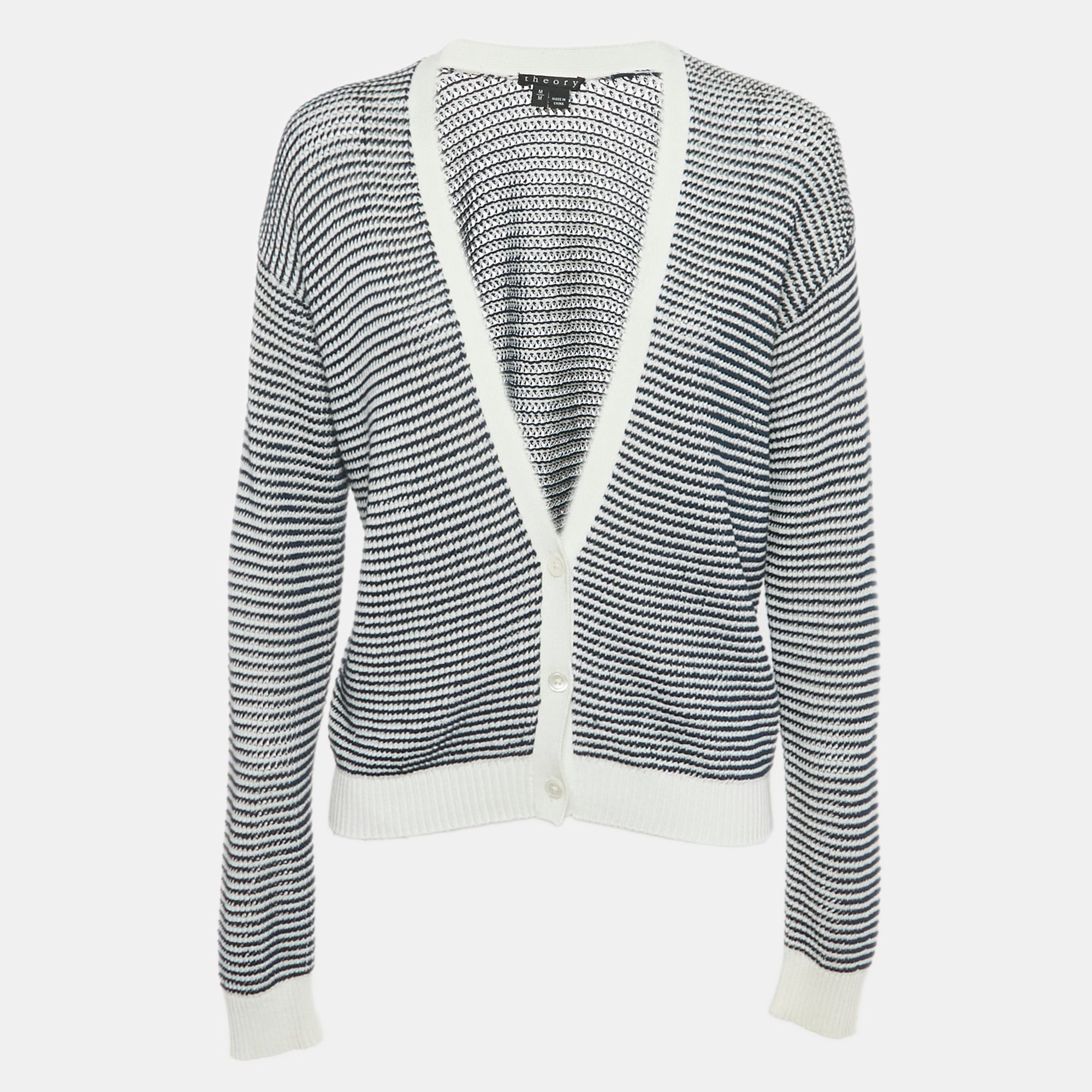 Theory Navy Blue-White Striped Knit Cardigan M