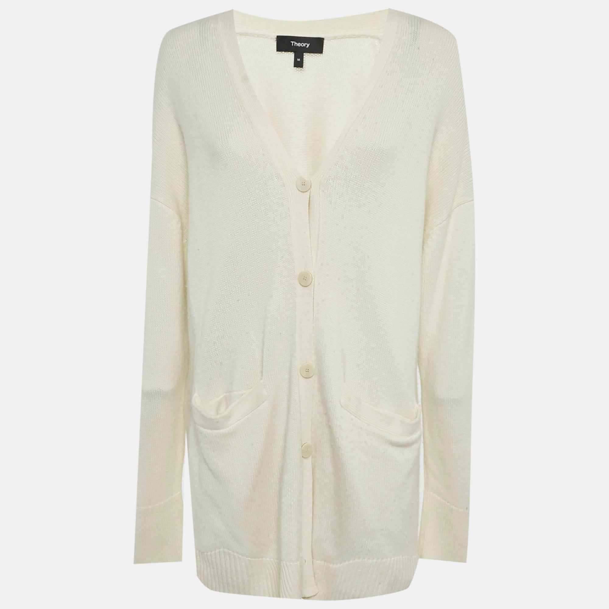 Theory Ivory Wool Knit Leather Patch Cardigan M