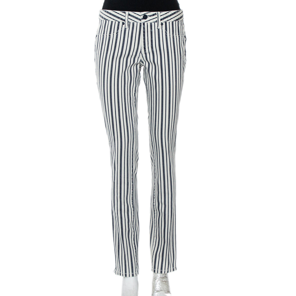 Tory Burch White & Blue Striped Denim Marlien Leggings M