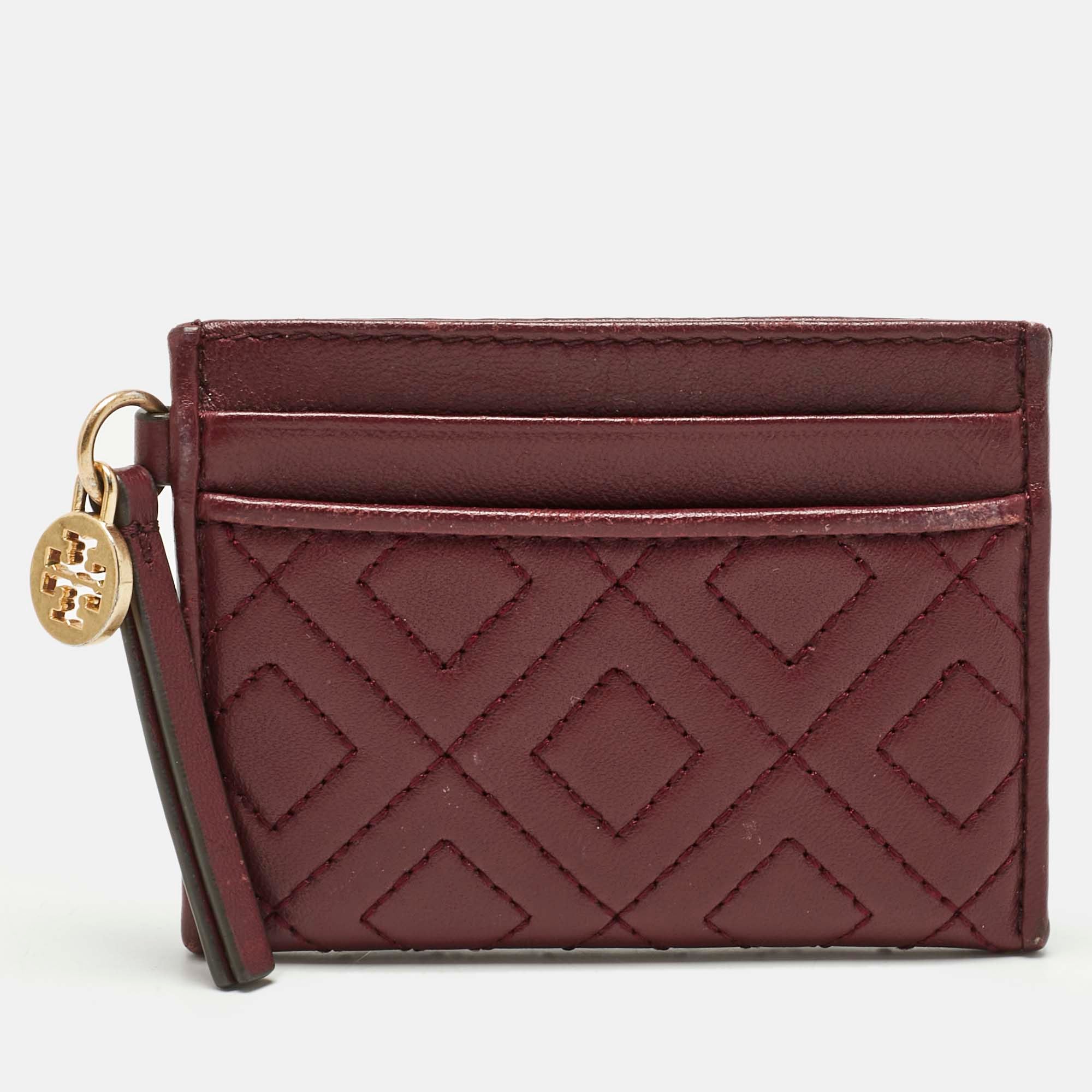 Tory Burch Burgundy Quilted Leather Fleming Card Holder