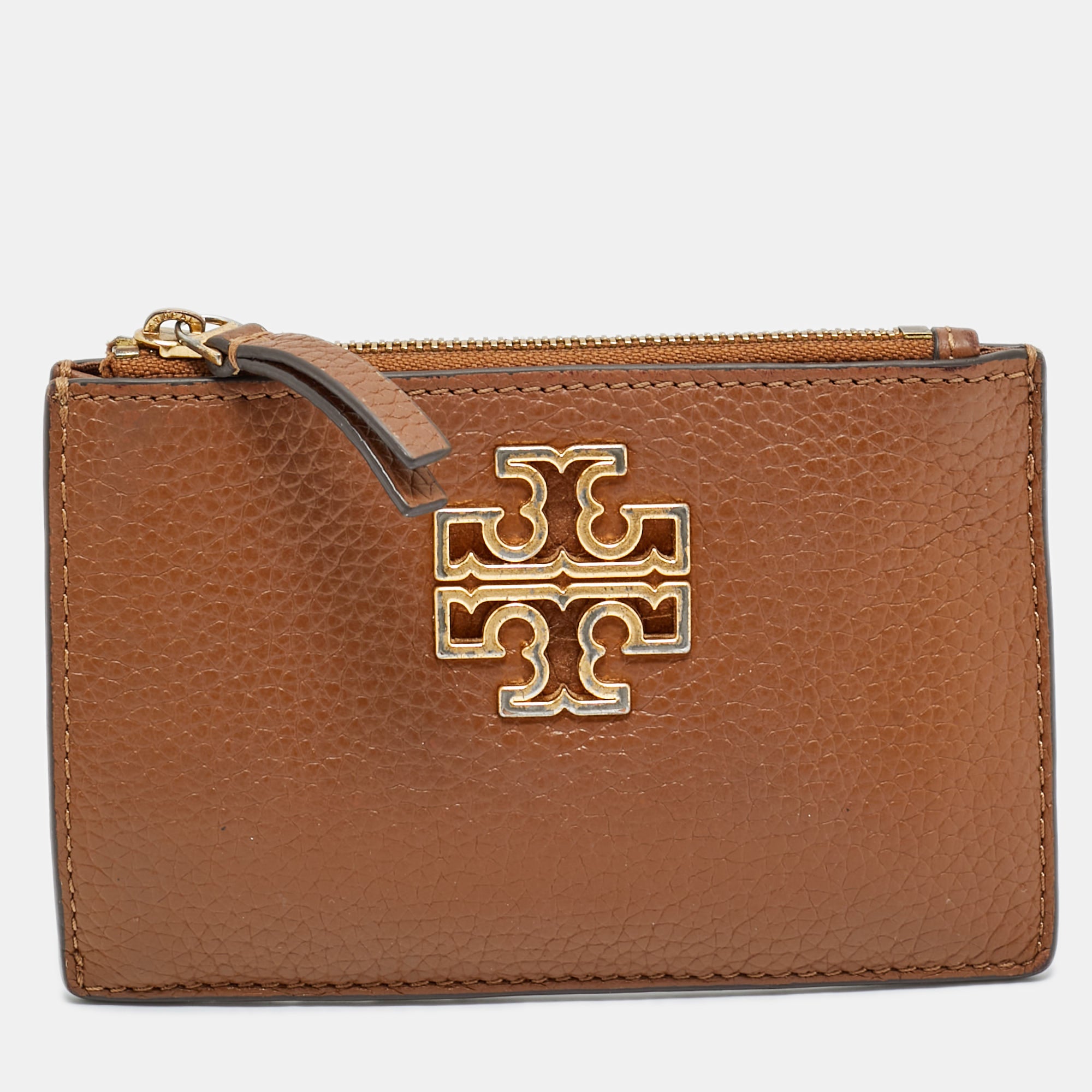 Tory Burch Brown Leather Britten Zip Card Holder