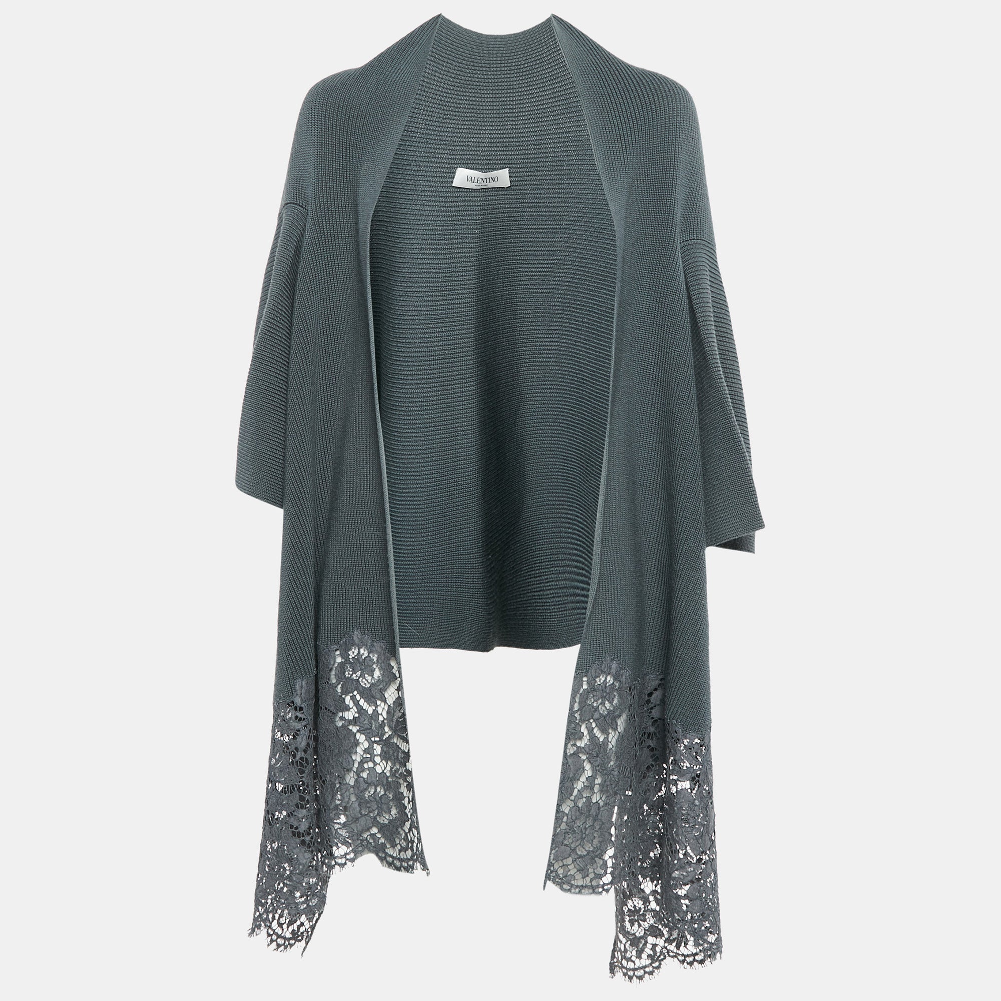 Valentino Grey Wool Rib Knit & Lace Trim Open Cardigan M