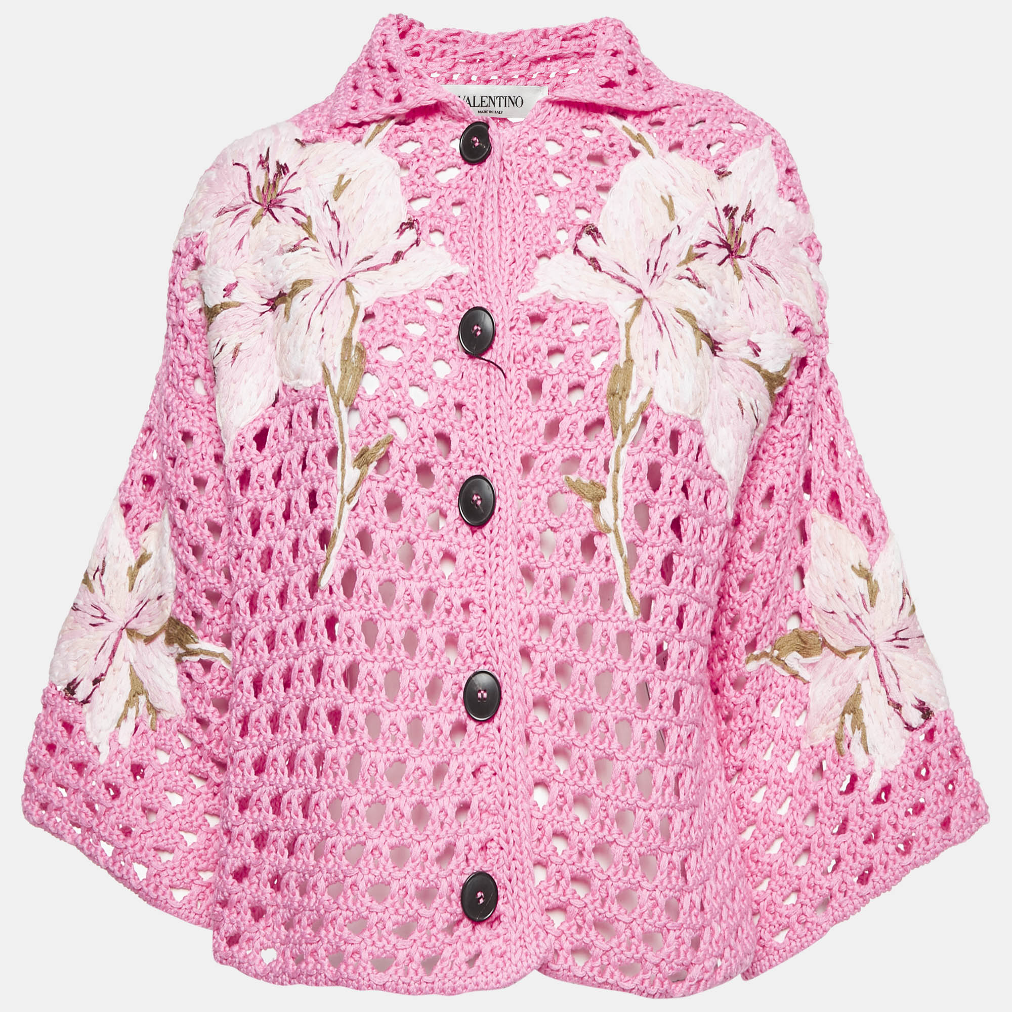 Valentino Pink Floral Embroidered Crochet Short Sleeve Cardigan S