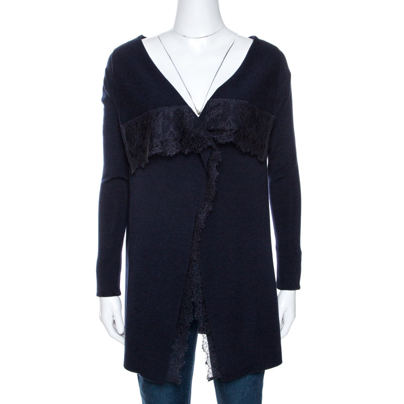 Valentino Navy Blue Knit Lace Trim Waterfall Front Cardigan M