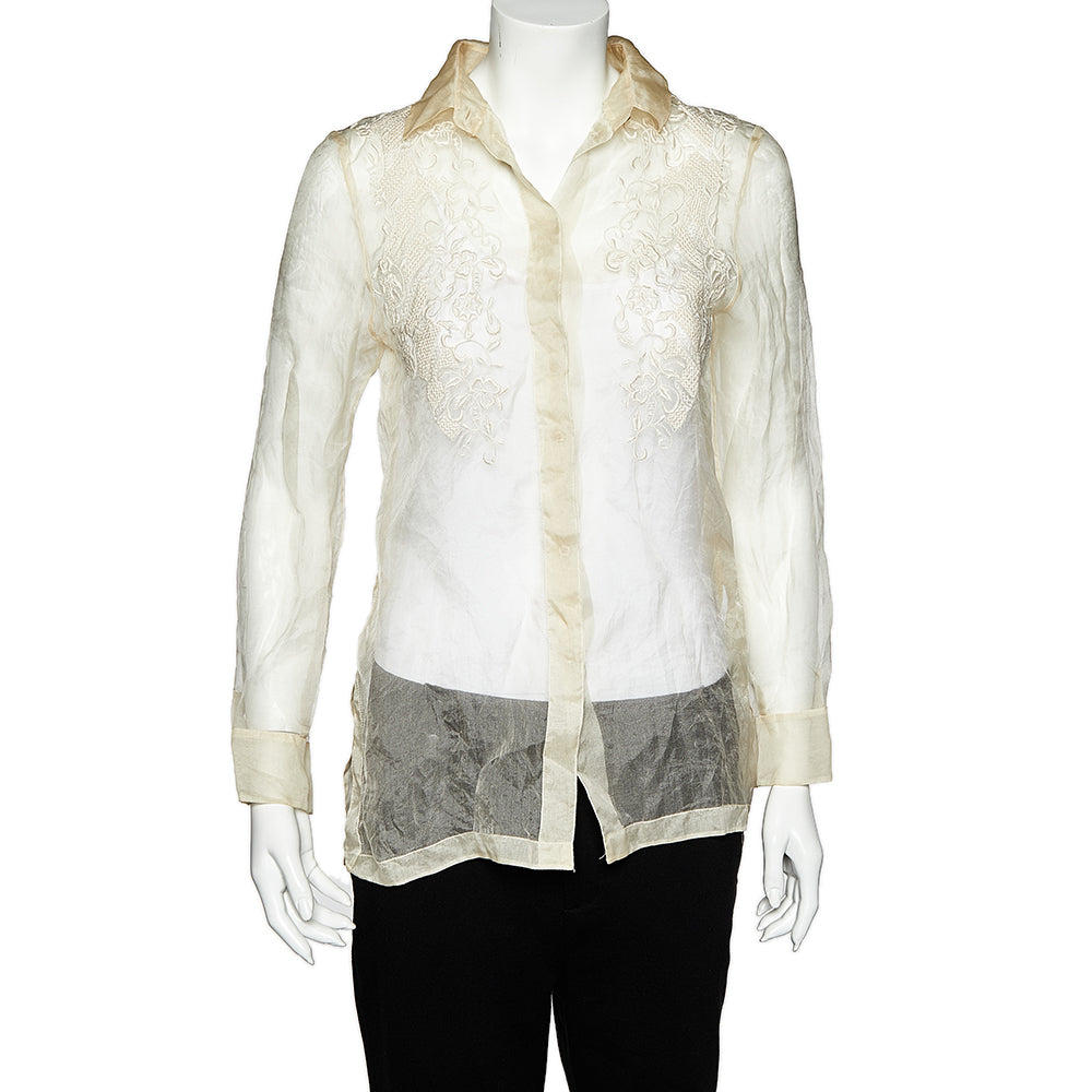 Valentino Cream Embroidered Silk Sheer Shirt M