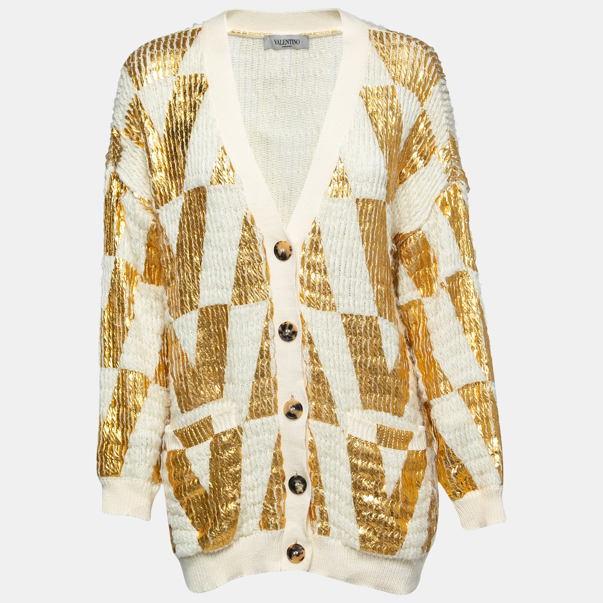 Valentino White & Gold Coated Wool Knit Oversized Cardigan XS