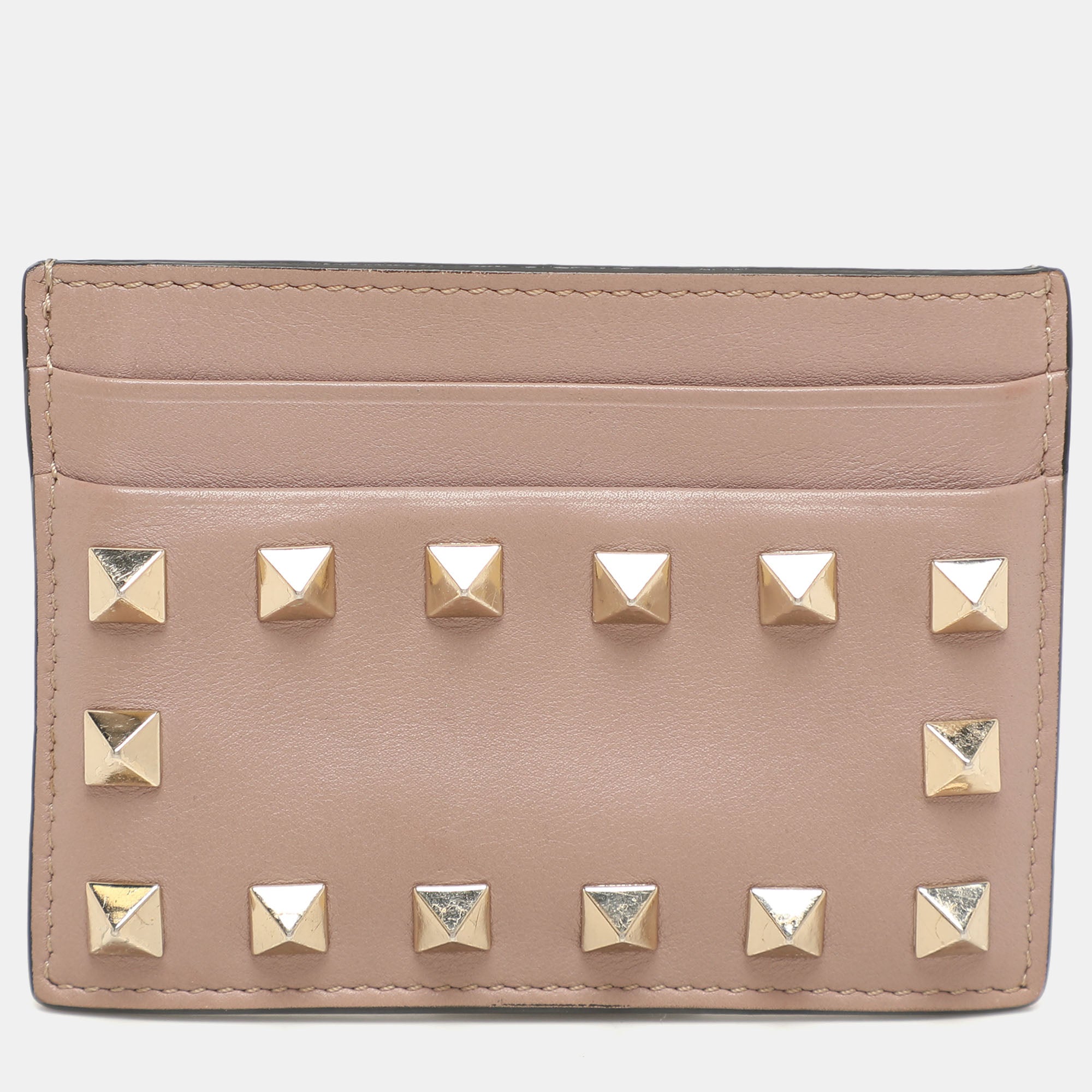 Valentino Beige Leather Rockstud Card Holder