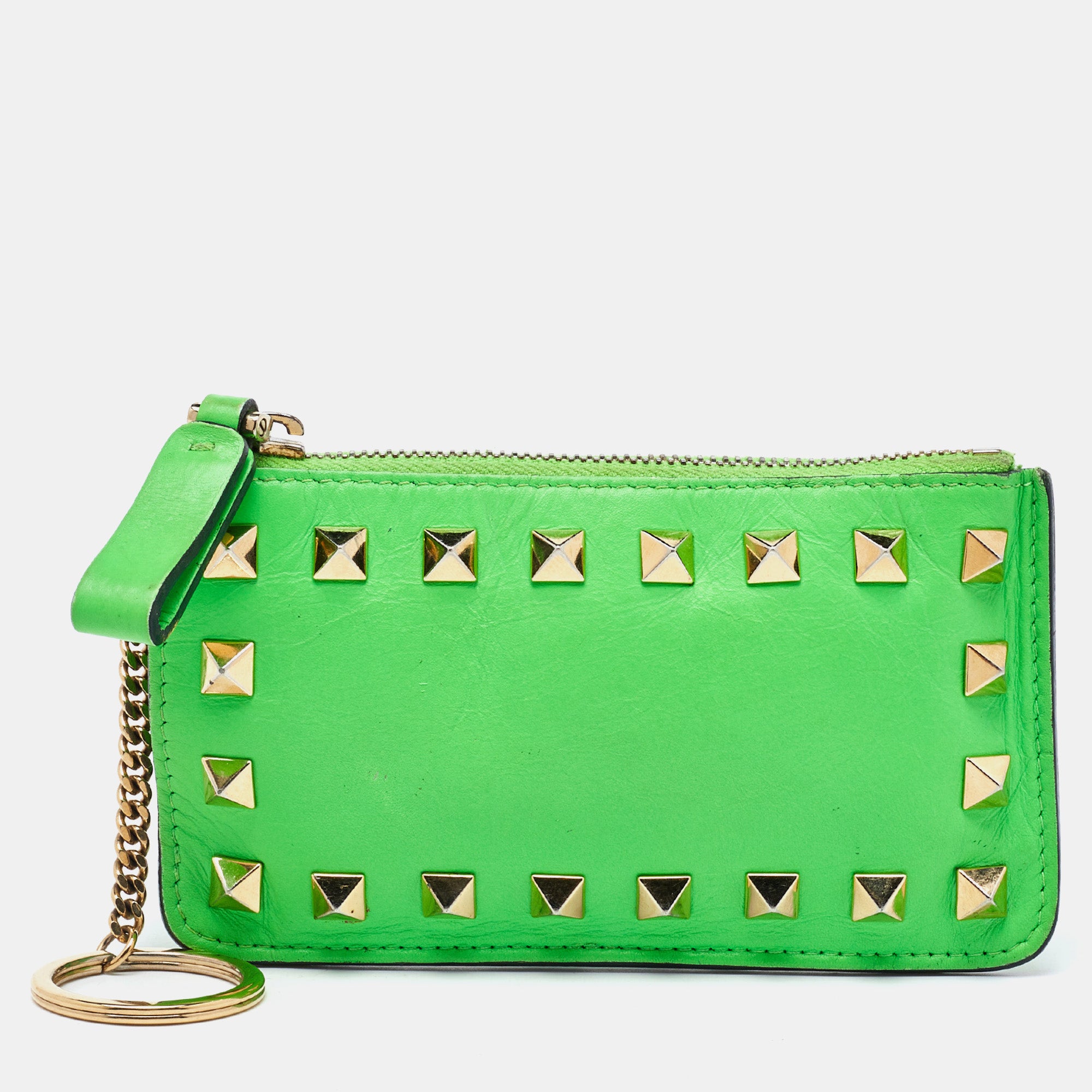 Valentino Neon Green Leather Rockstud Keychain Card Holder