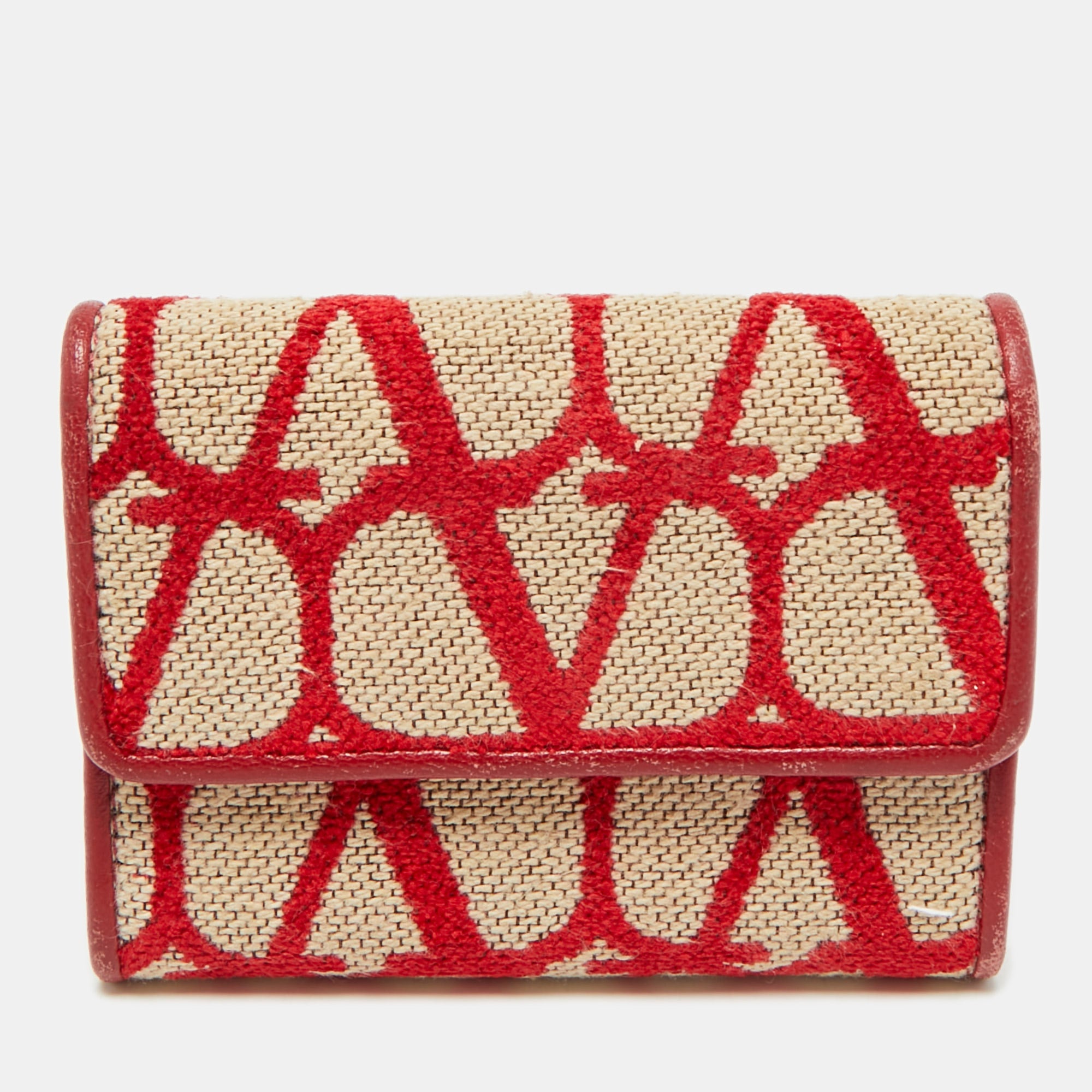Valentino Red-Beige Iconographe Canvas and Leather Card Holder