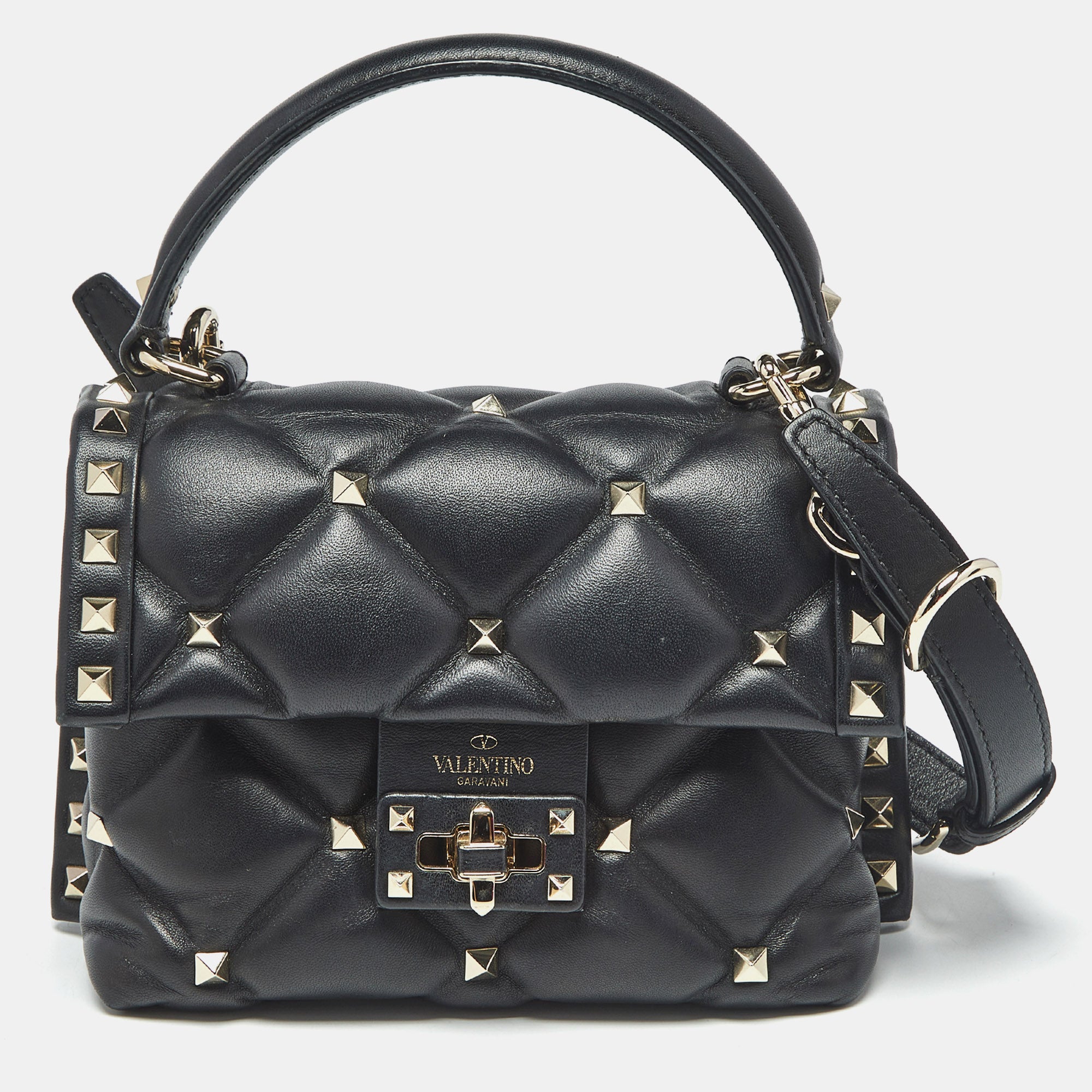 Valentino Black Quilted Leather Mini Candystud Top Handle Bag