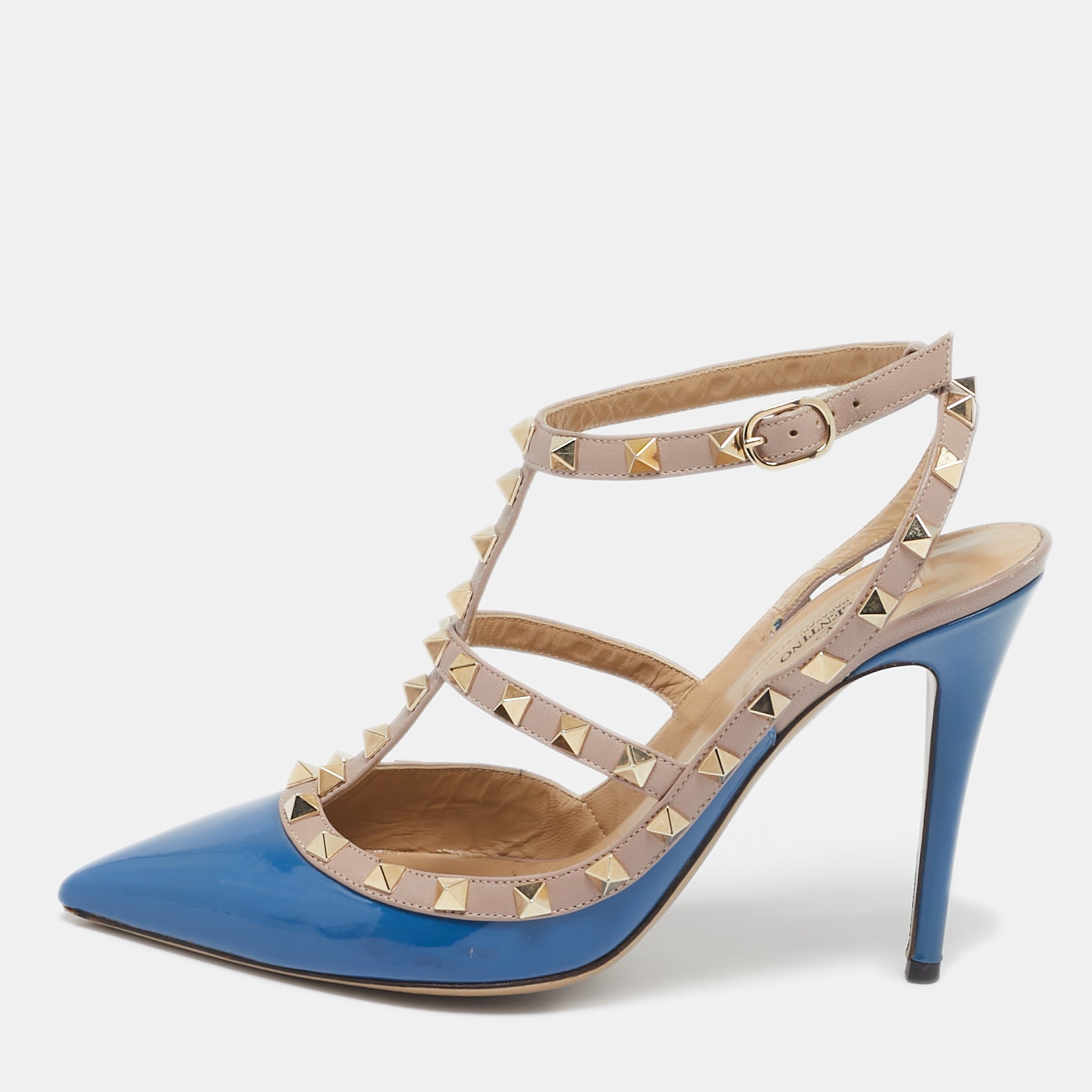 Valentino Blue-Beige Patent and Leather Caged Rockstud  Ankle Strap Pumps Size 39