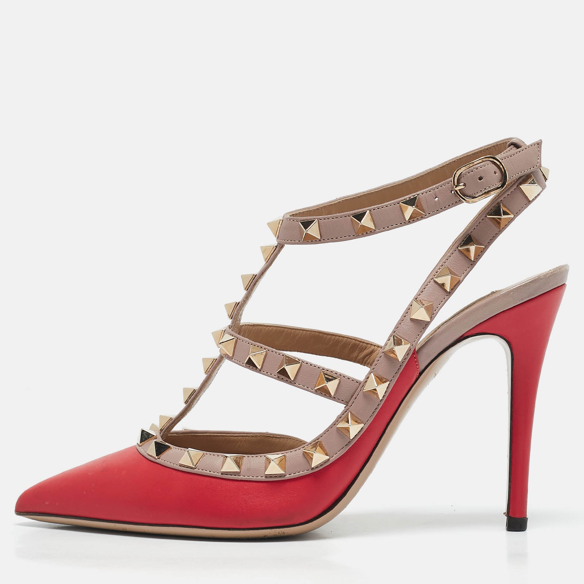 Valentino Red-Beige Leather Rockstud Caged Pumps Size 36.5