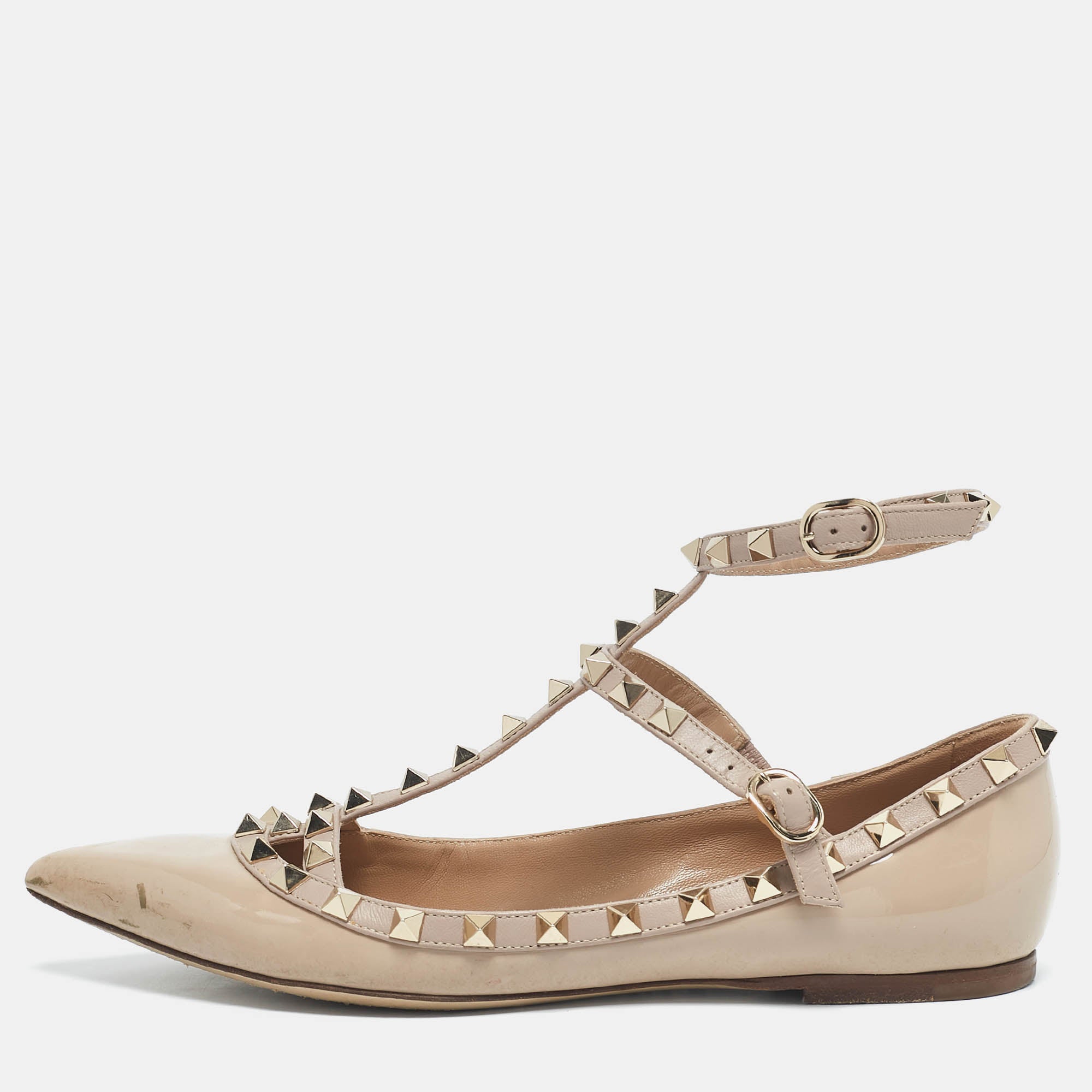 Valentino Beige Patent Leather Rockstud Caged Ankle Strap Ballet Flats Size 38.5