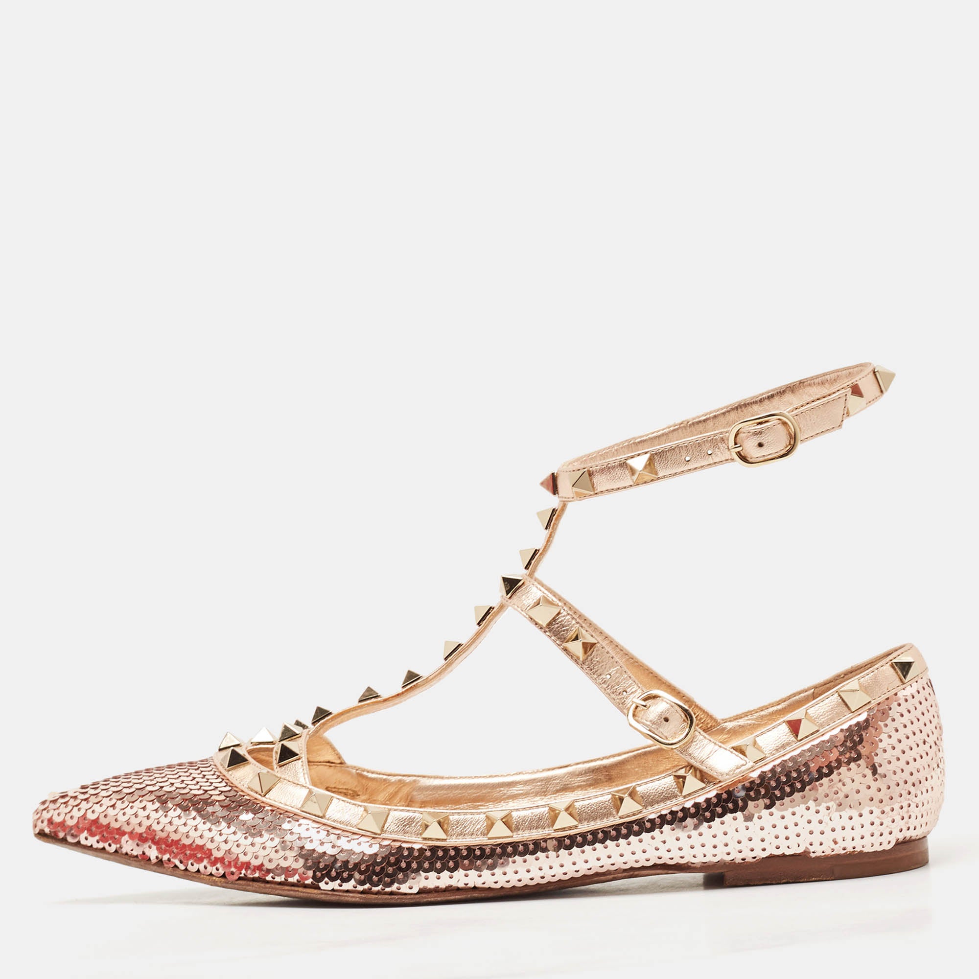 Valentino Rose Gold Sequins and Leather Rockstud Caged Ballet Flats Size 39.5