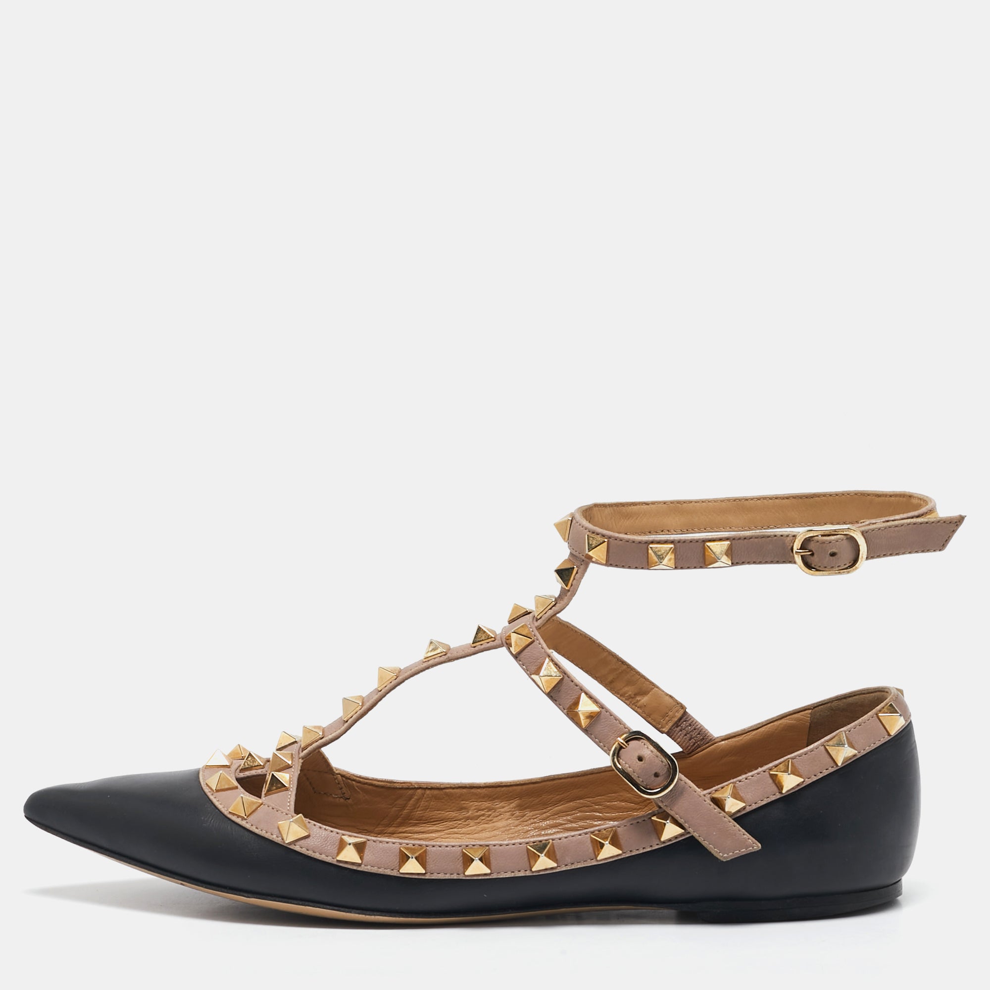 Valentino Black-Pink Leather Rockstud Caged Ballet Flats Size 39