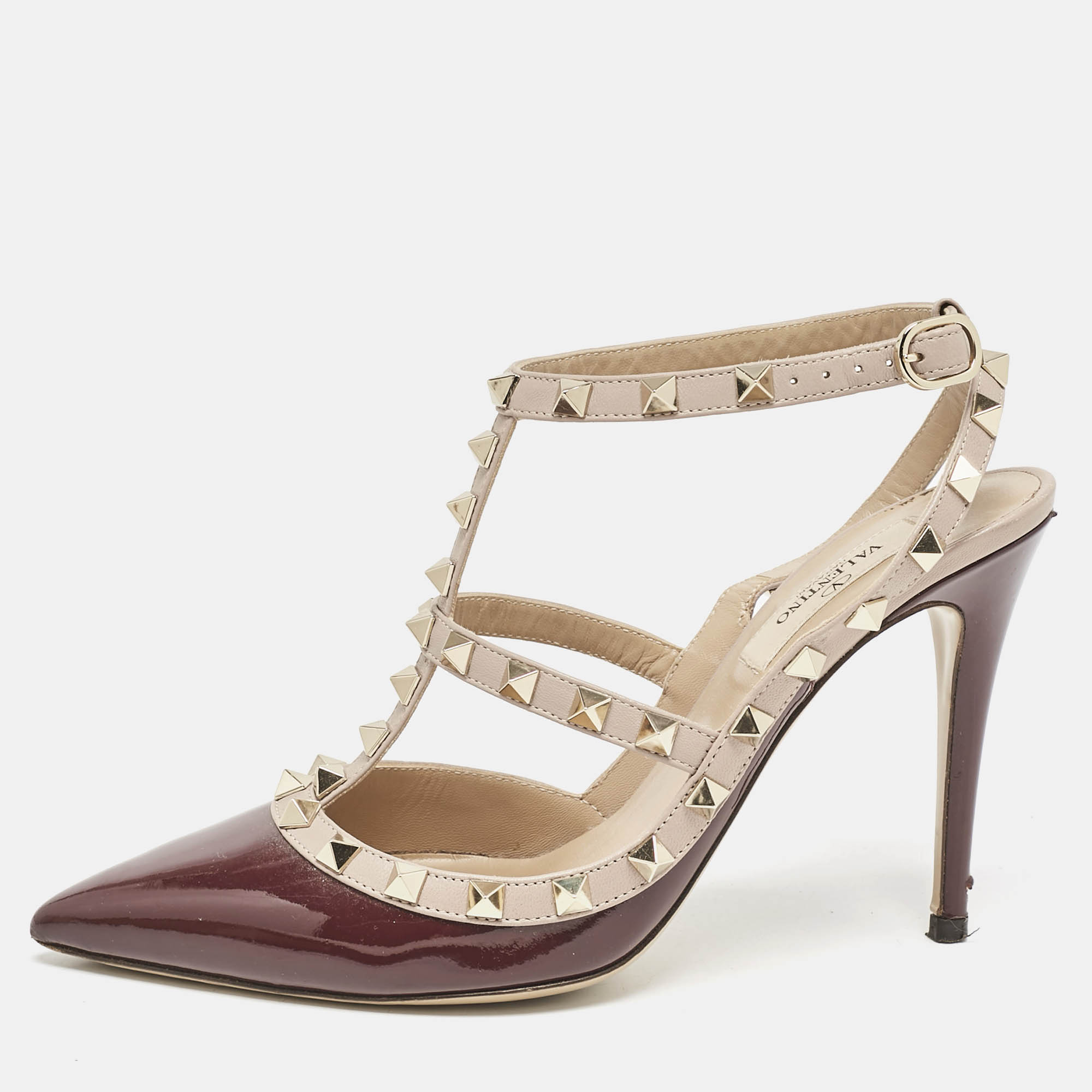Valentino Burgundy-Beige Patent Leather and Leather Rockstud Caged Ankle Strap Pumps Size 38