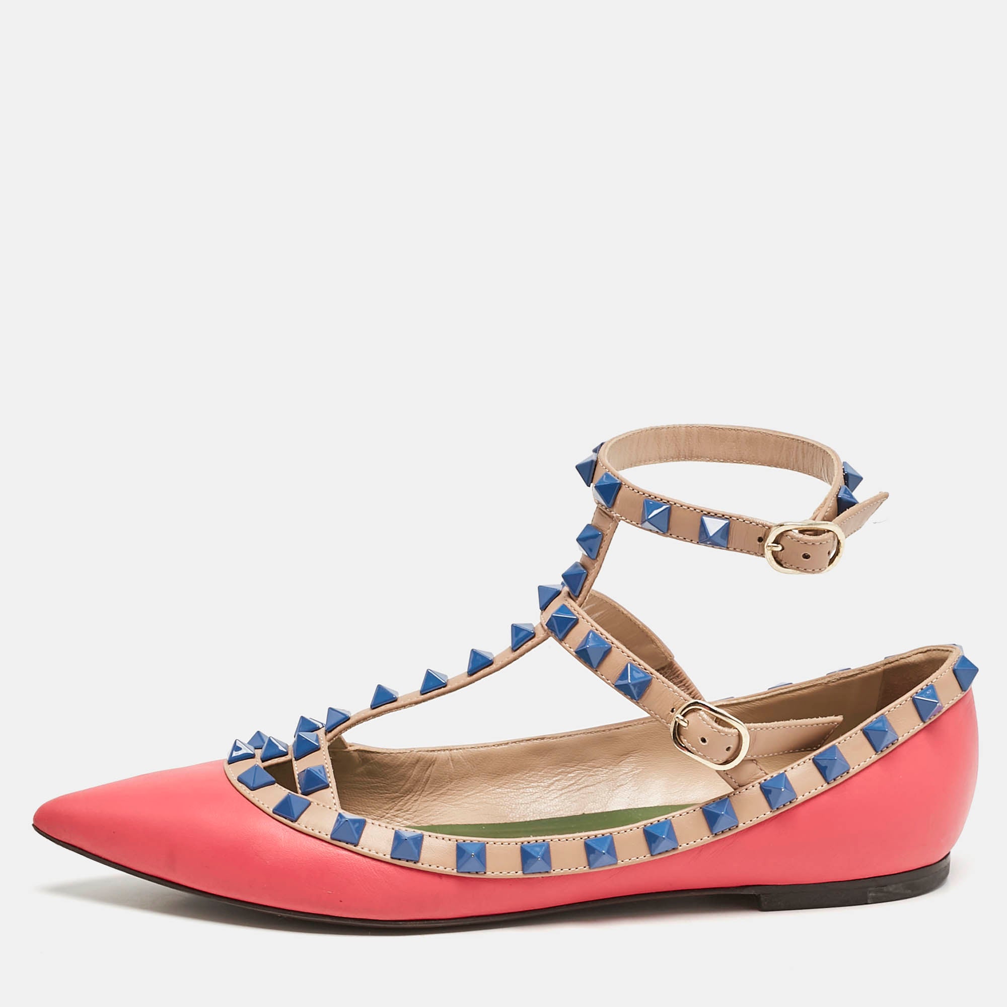 Valentino Pink-Beige Leather Rockstud Cage Ballet Flats Size 36.5
