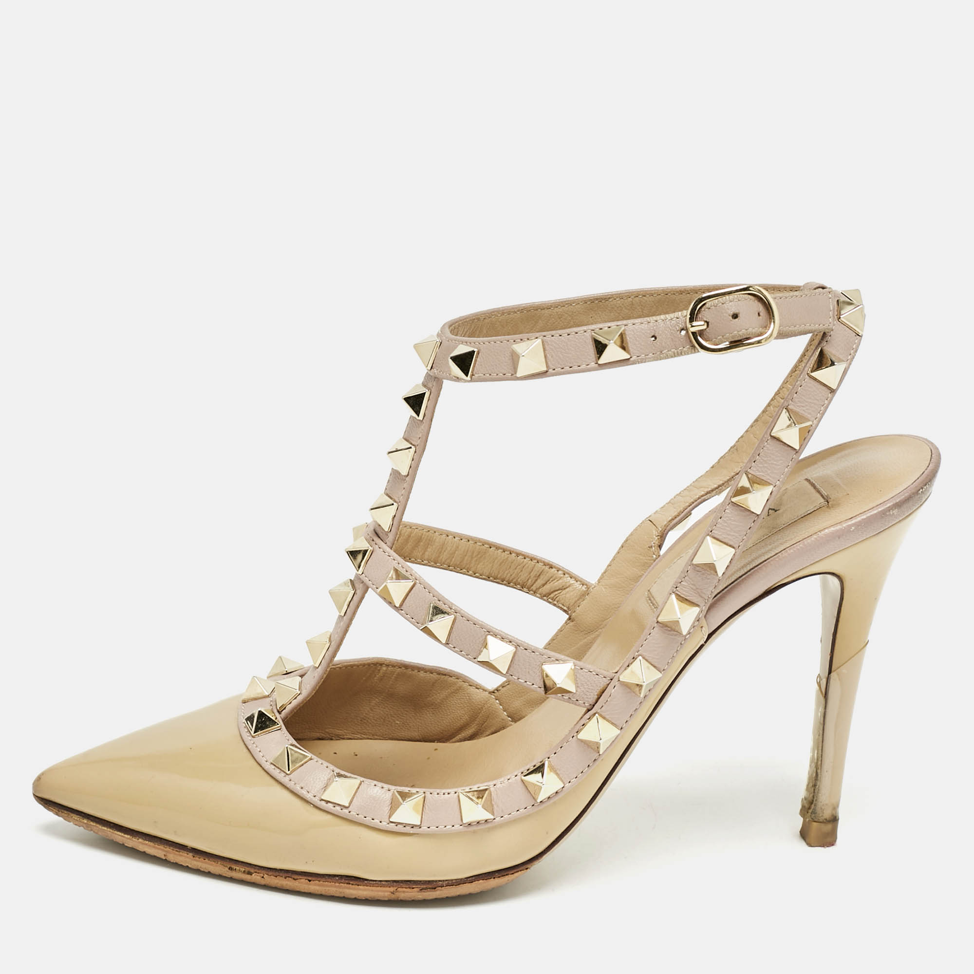 Valentino Beige-Dusty Pink Patent Leather Rockstud Caged Ankle Strap Pumps Size 37