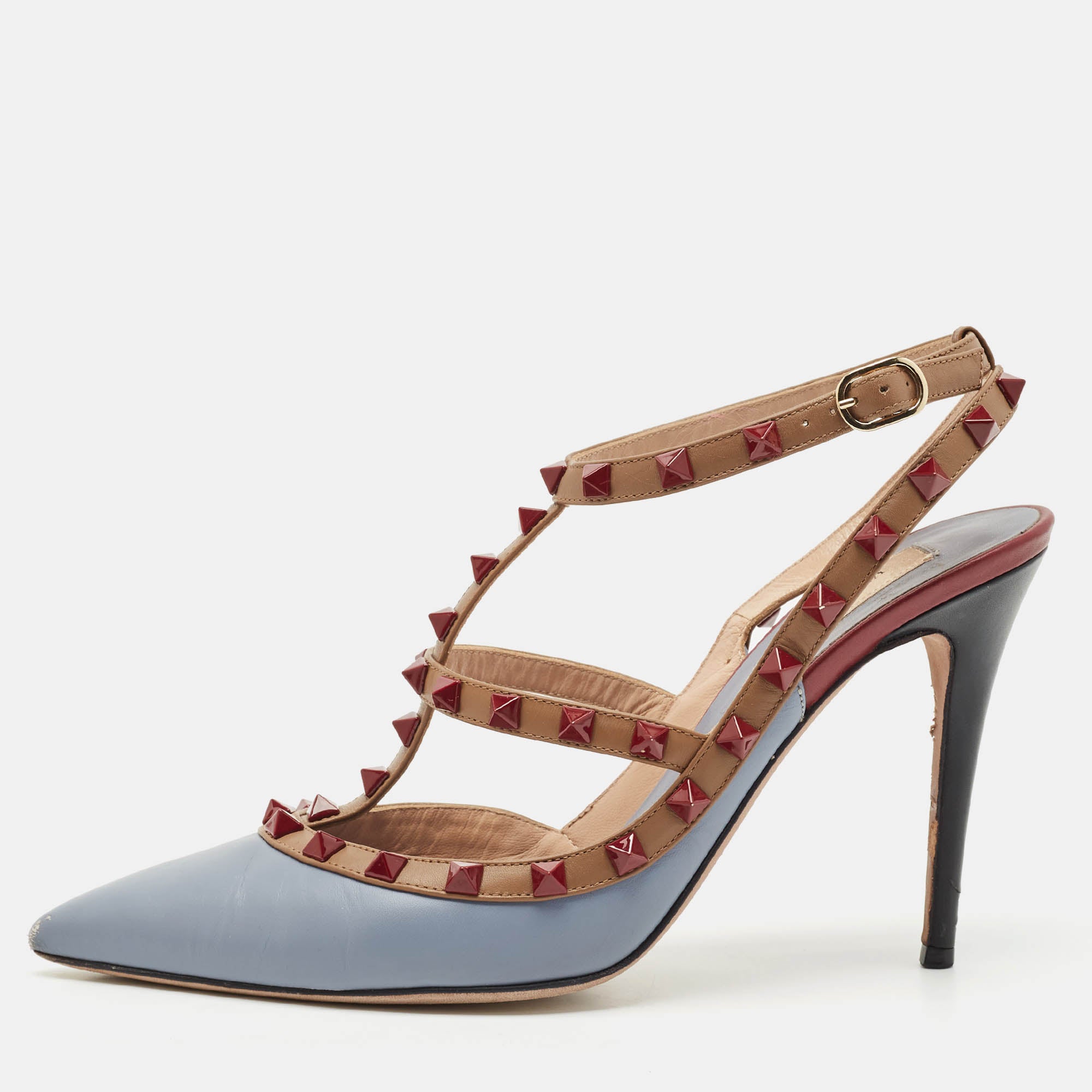 Valentino Light Blue Leather Rockstud Cage Pumps Size 40.5