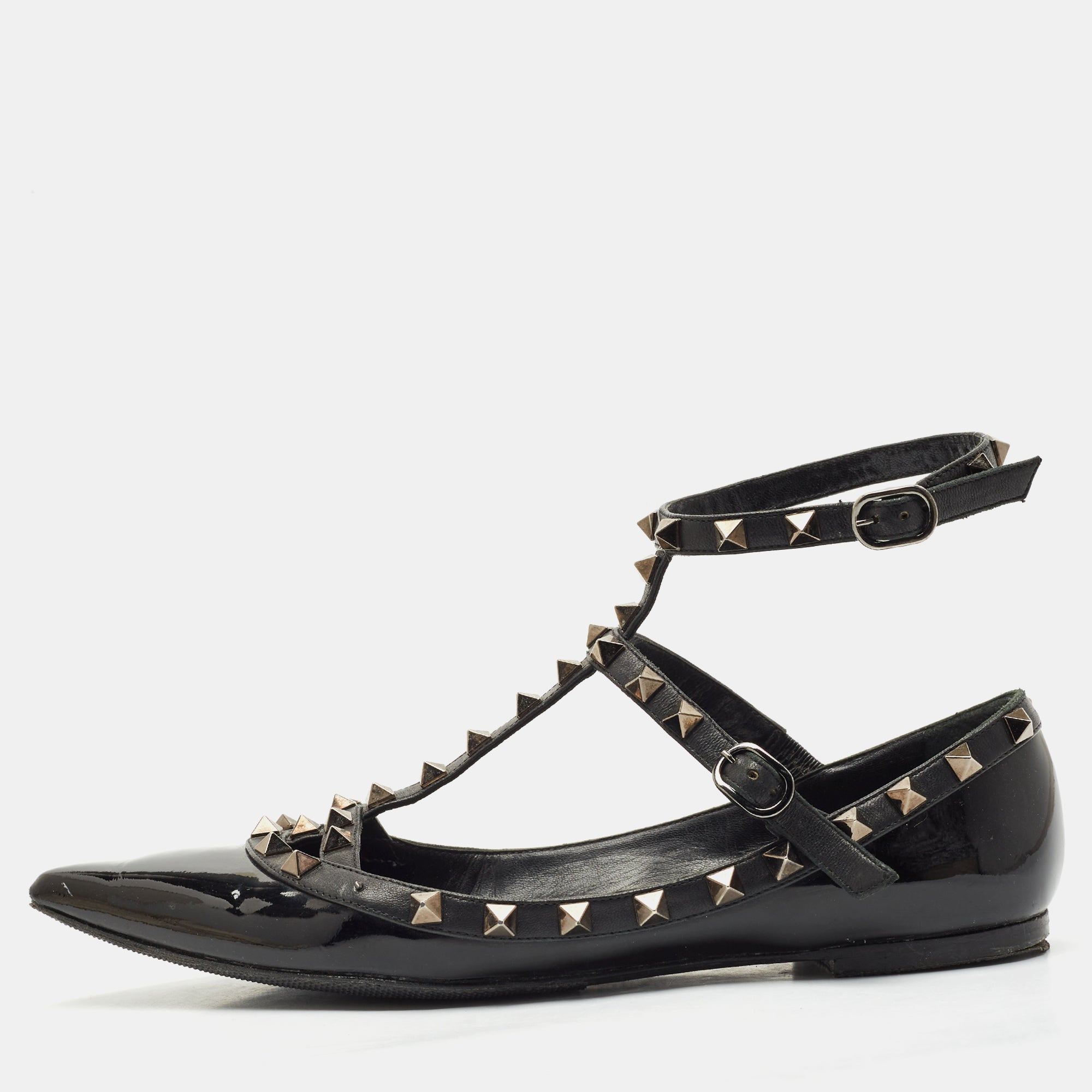 Valentino Black Leather and Patent Rockstud Cage Ballet Flats Size 38.5