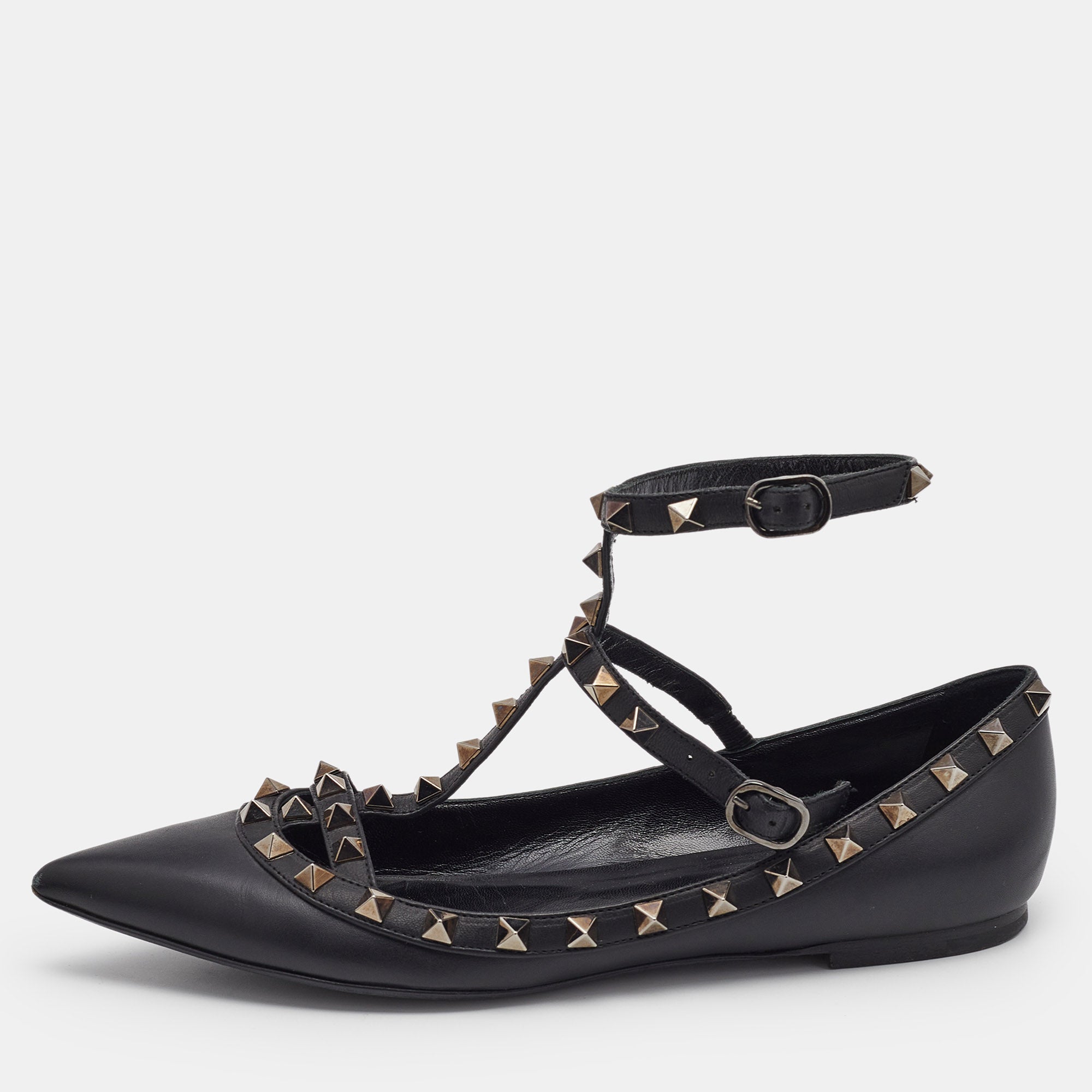 Valentino Black Leather Rockstud Cage Ballet Flats Size 38