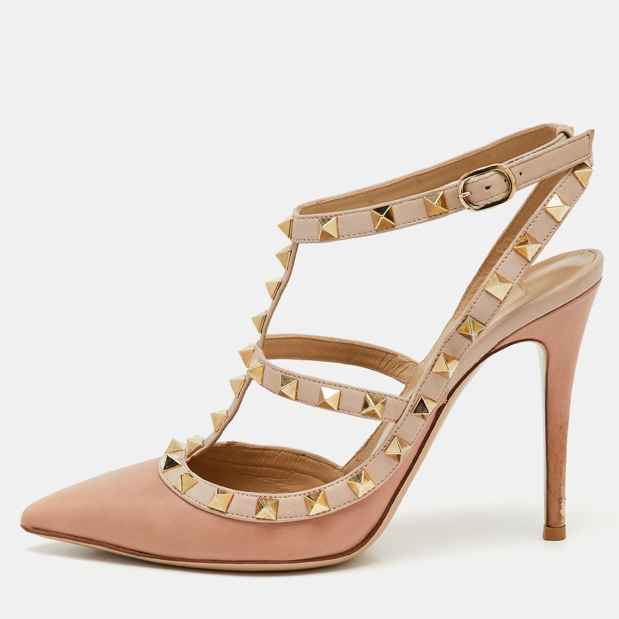 Valentino Beige-Pink Leather Rockstud Caged Pumps Size 37.5