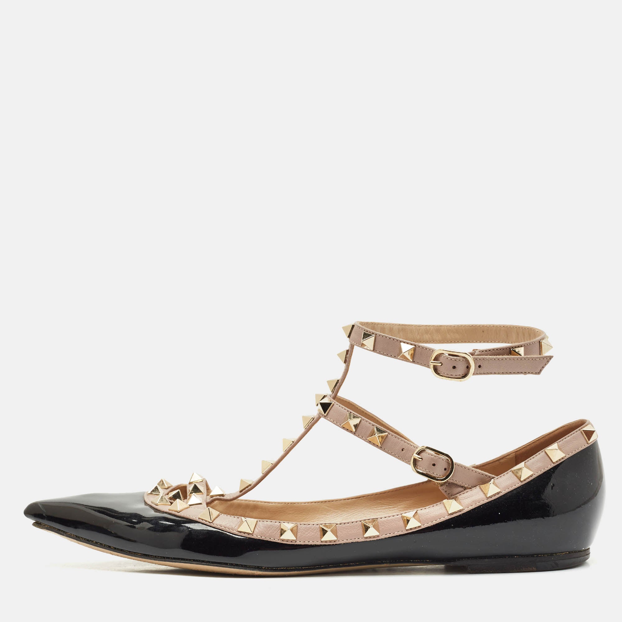 Valentino Black-Beige Patent Leather Rockstud Caged Ballet Flats Size 41.5