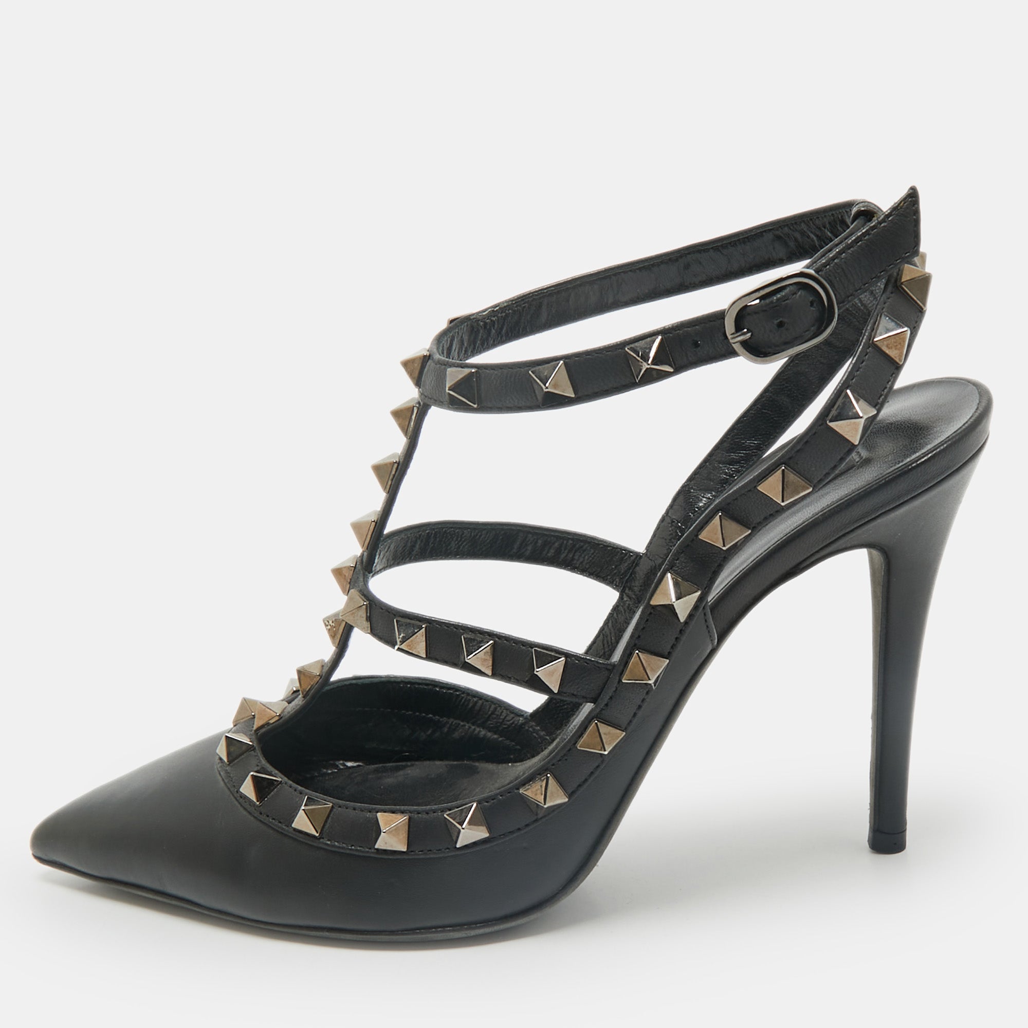 Valentino Black Leather Rockstud Caged Ankle Strap Pumps Size 38