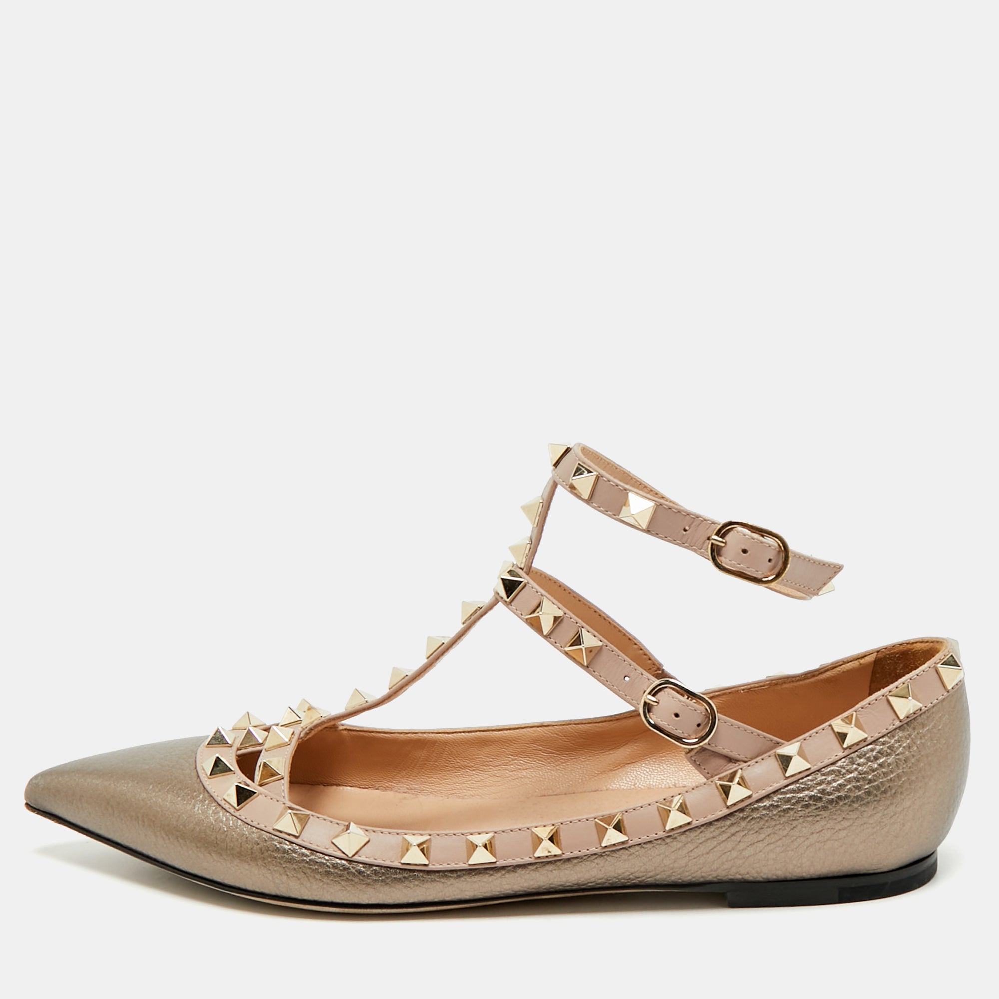 Valentino Metallic-Beige Leather Rockstud Caged Ankle Strap Ballet Flats Size 38.5