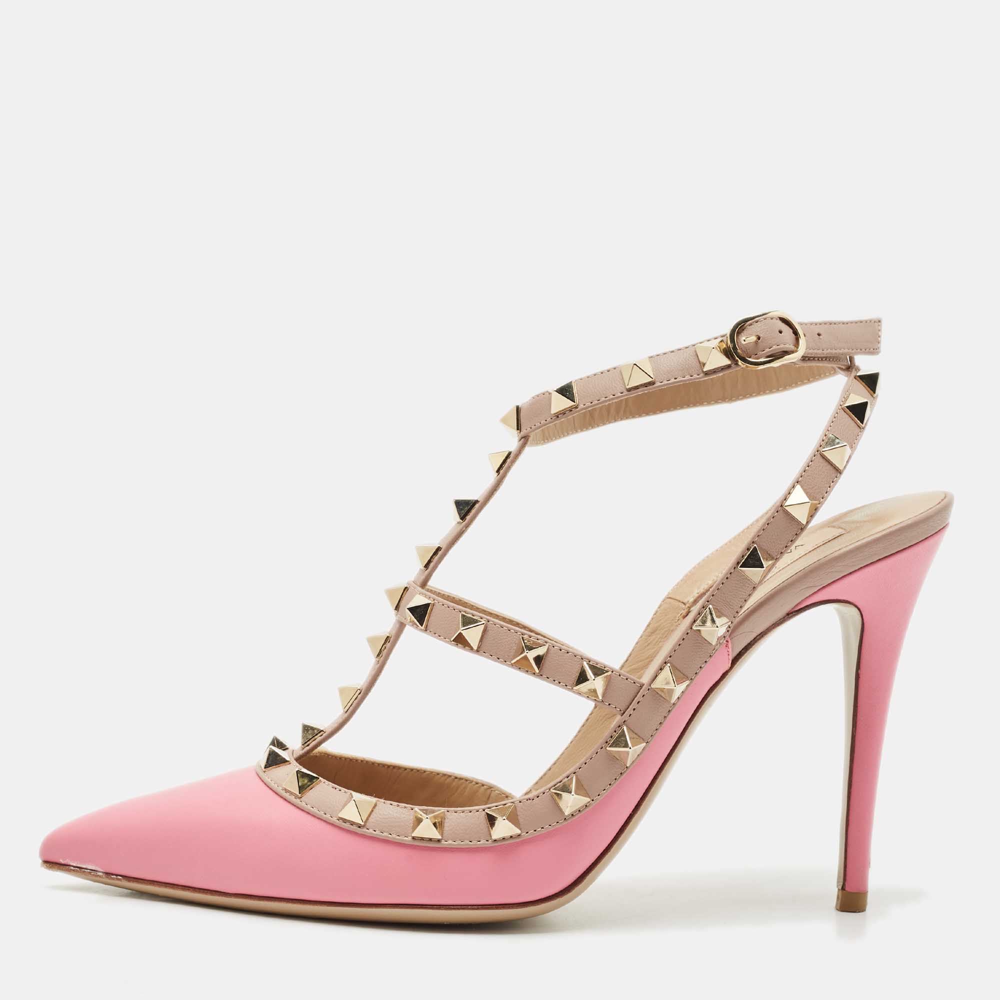 Valentino Pink-Beige Leather Rockstud Caged Pumps Size 40