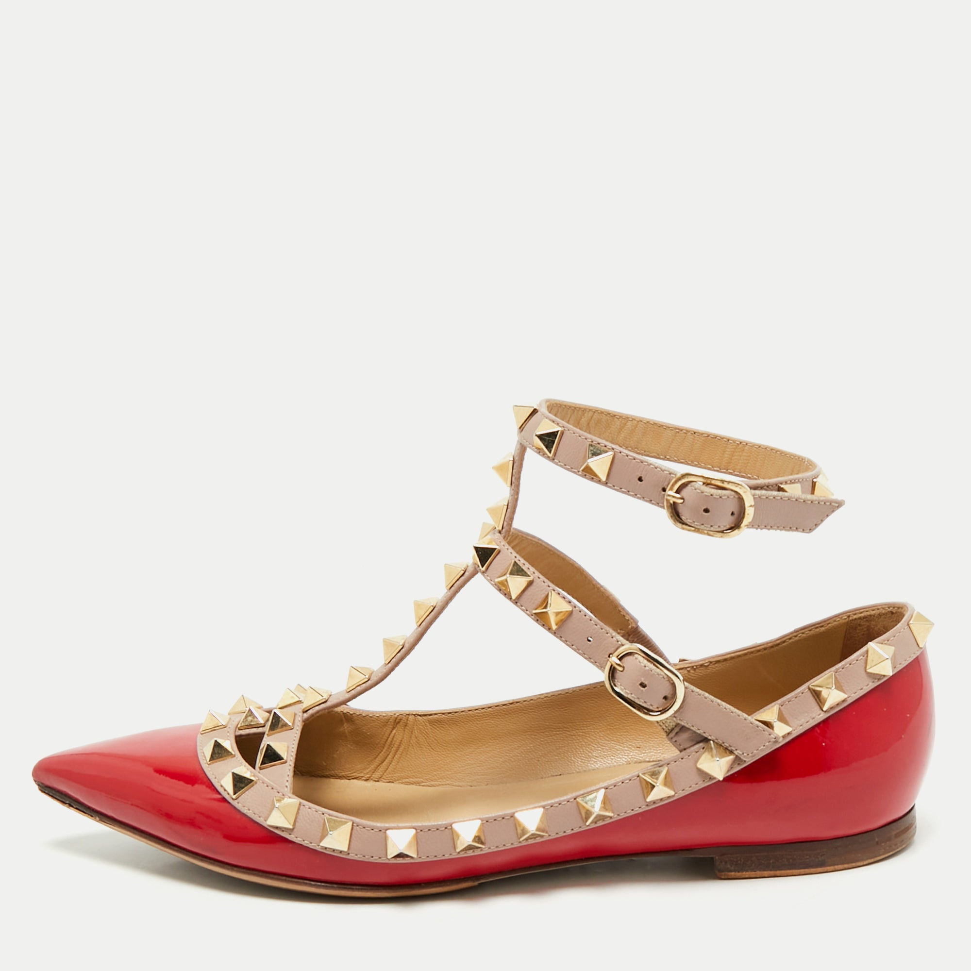Valentino Red-Beige Patent Leather Rockstud Cage Ballet Flats Size 35.5