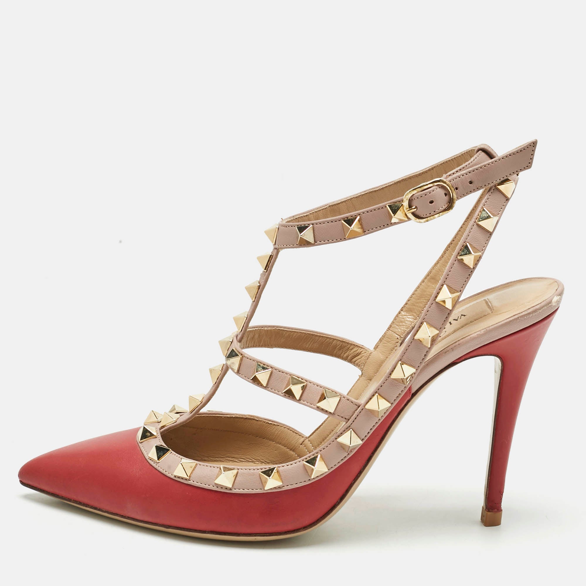 Valentino Red-Pink Leather Rockstud Caged Pumps Size 38