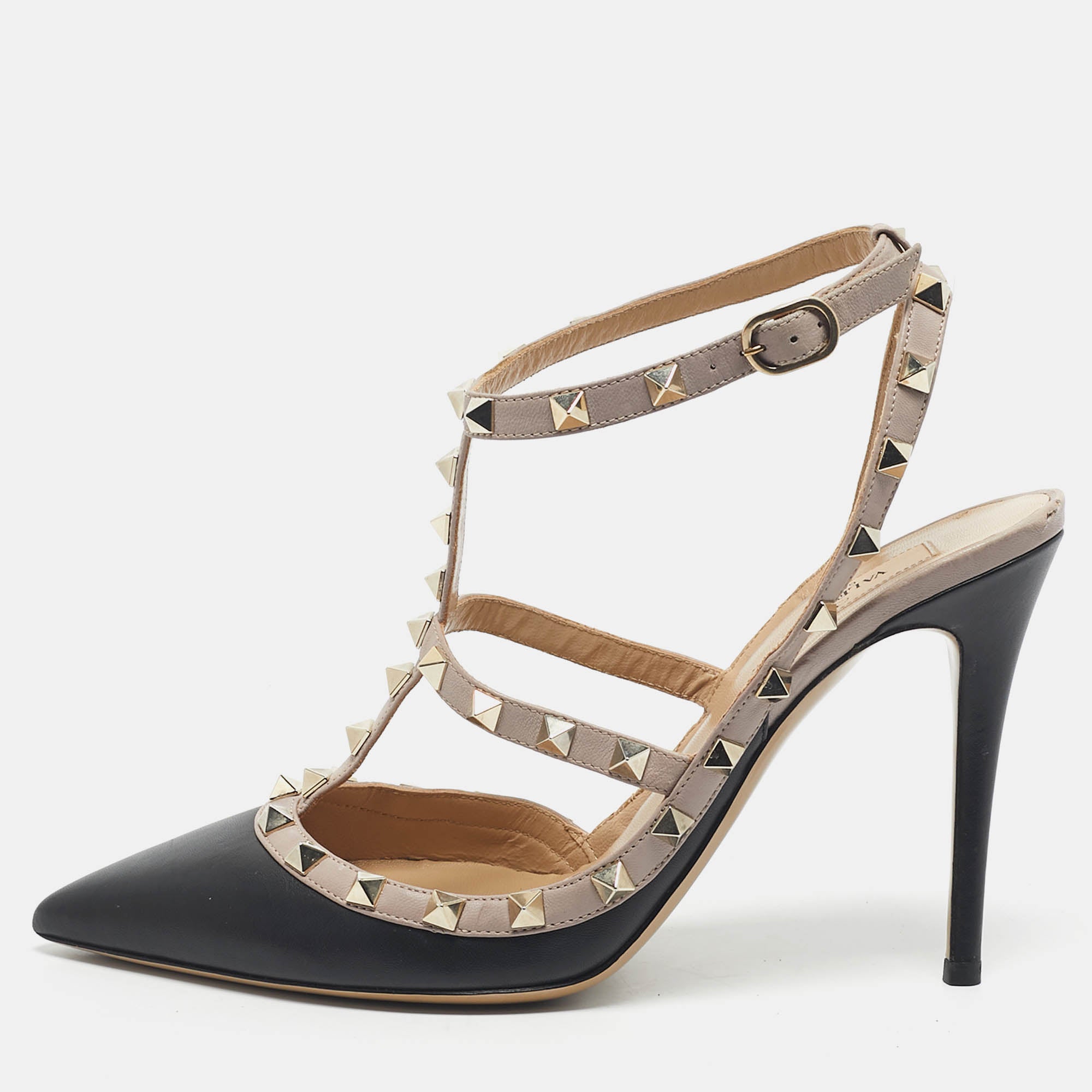 Valentino Black-Beige Leather Rockstud Caged Pumps Size 40