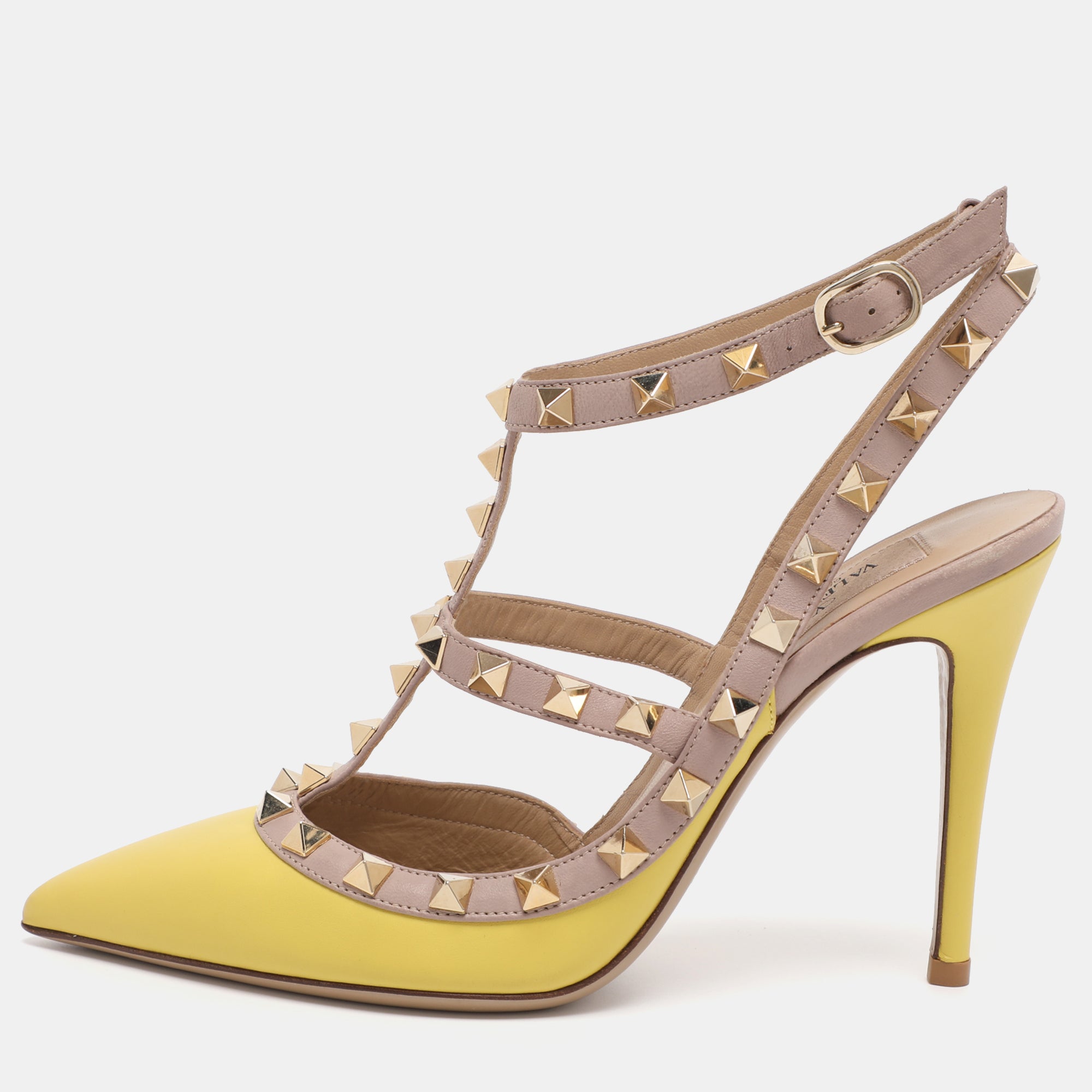 Valentino Yellow-Beige Patent Leather Rockstud Caged Ankle Strap Pumps Size 36
