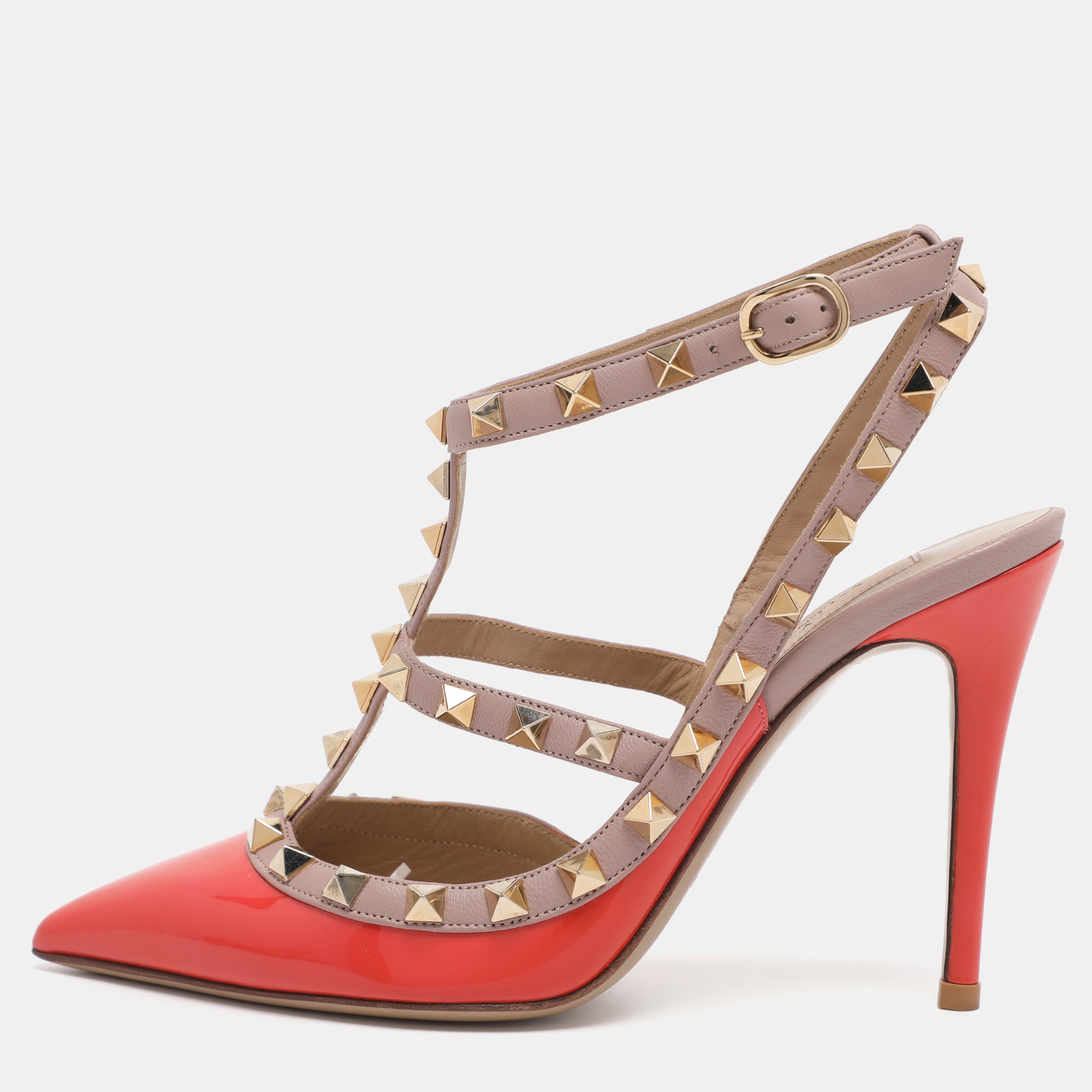Valentino Orange-Beige Patent Leather Rockstud Caged Ankle Strap Pumps Size 36