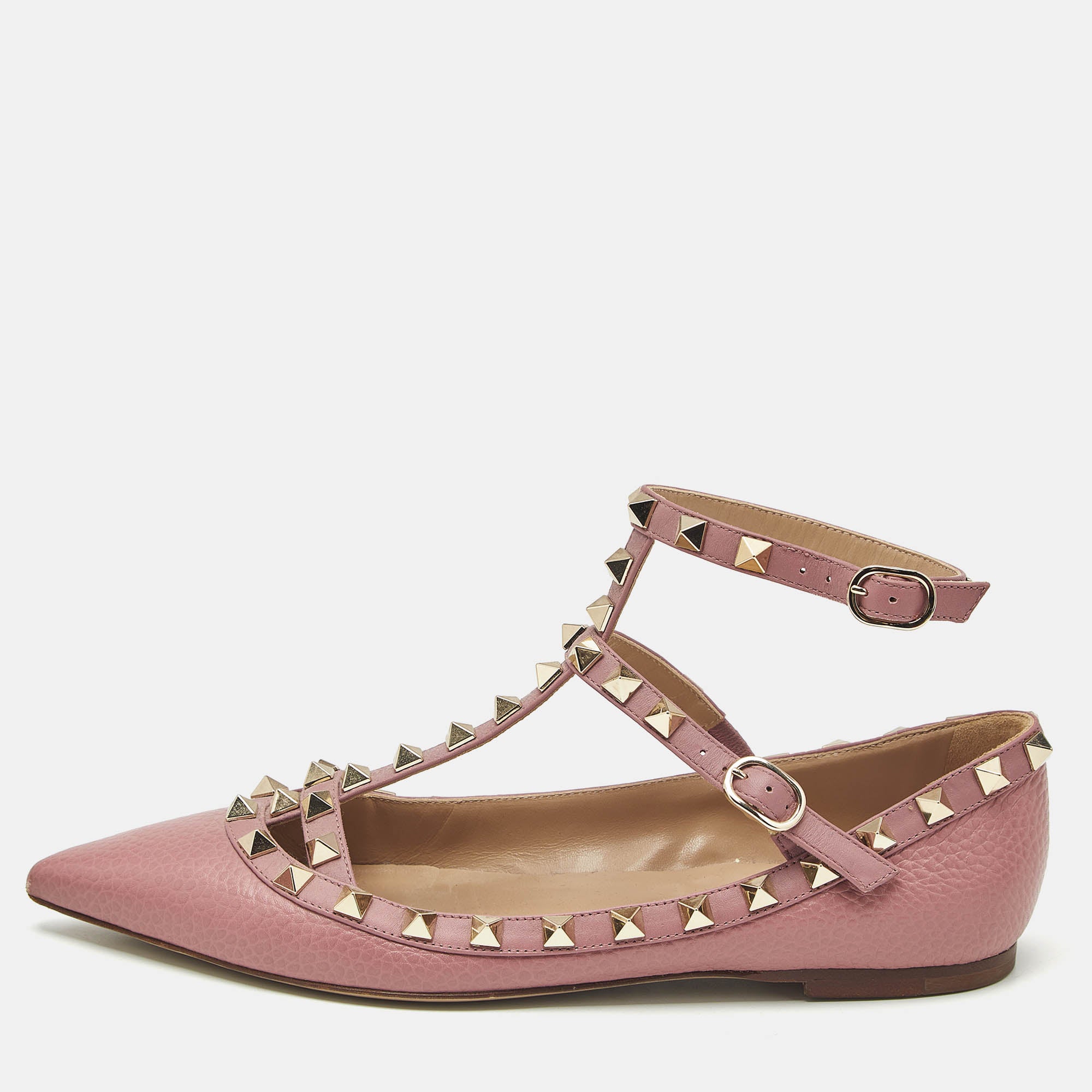 Valentino Pink Leather Rockstud Caged Ballet Flats Size 36