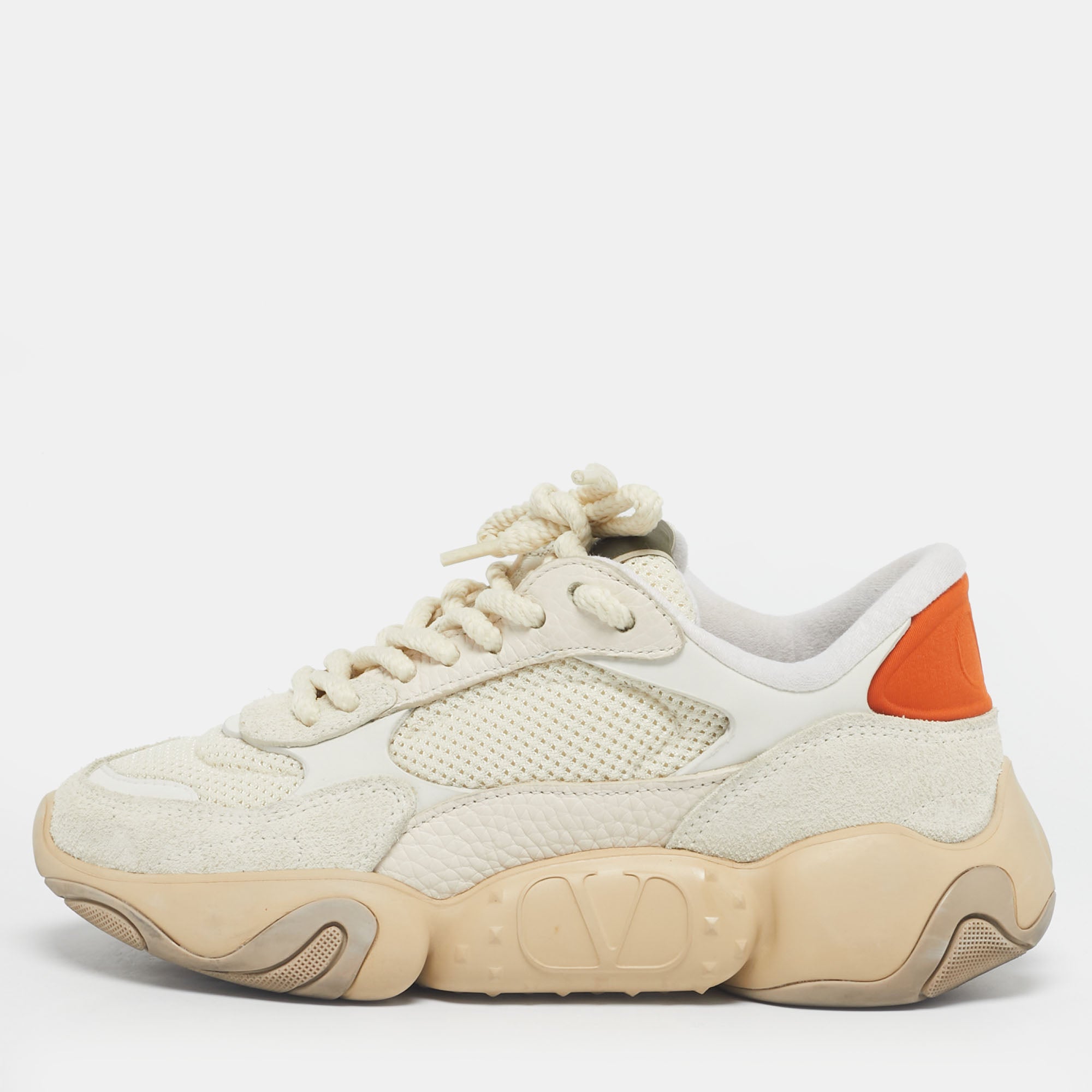 Valentino White-Grey Fabric and Suede Bubbleback Lace Up Sneakers Size 35