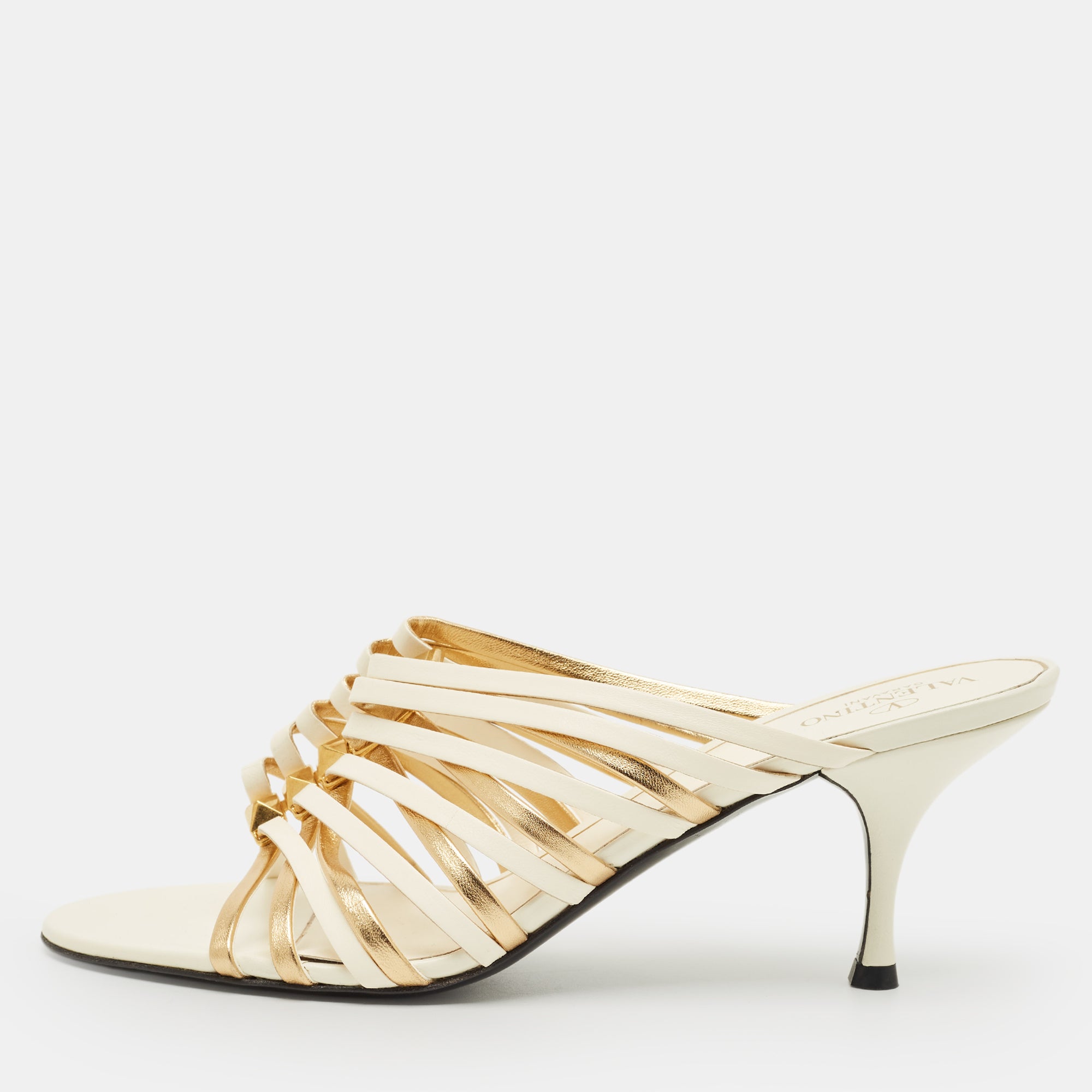 Valentino Cream Leather Rockstud Slide Sandals Size 40.5