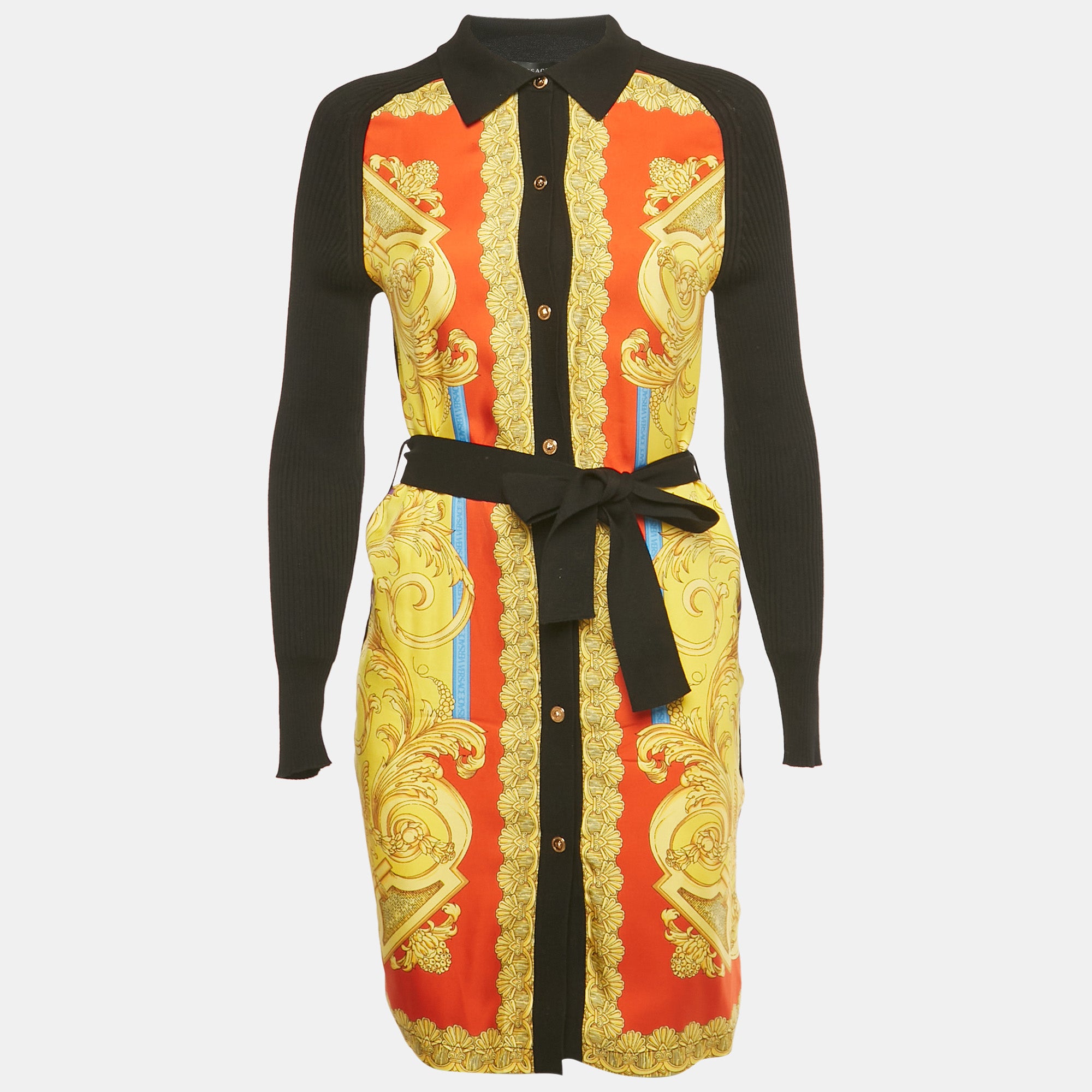 Versace Black-Yellow Barocco Print Silk and Rib Knit Cardigan XS