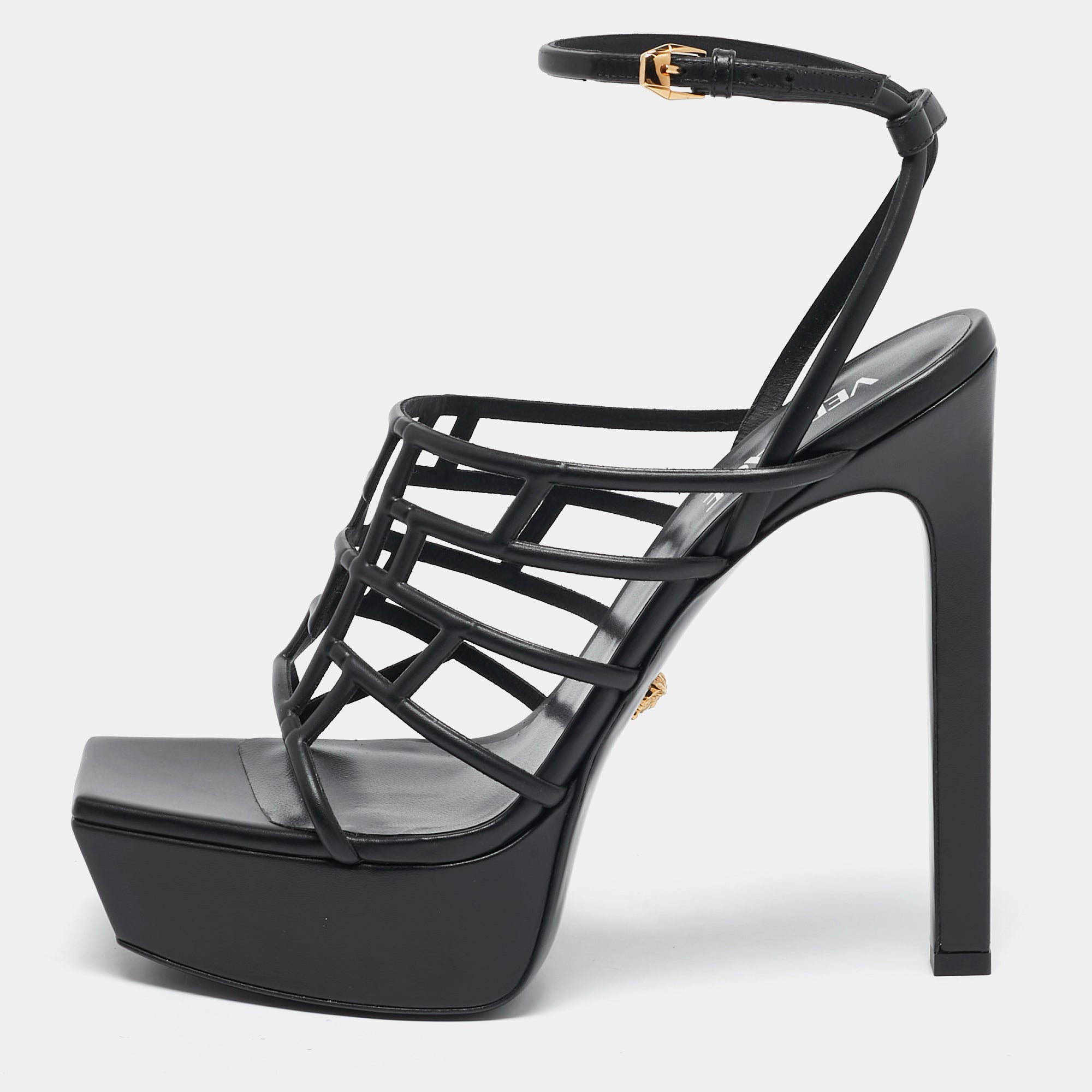 Versace Black Leather Greca Cage Platform Sandals Size 41
