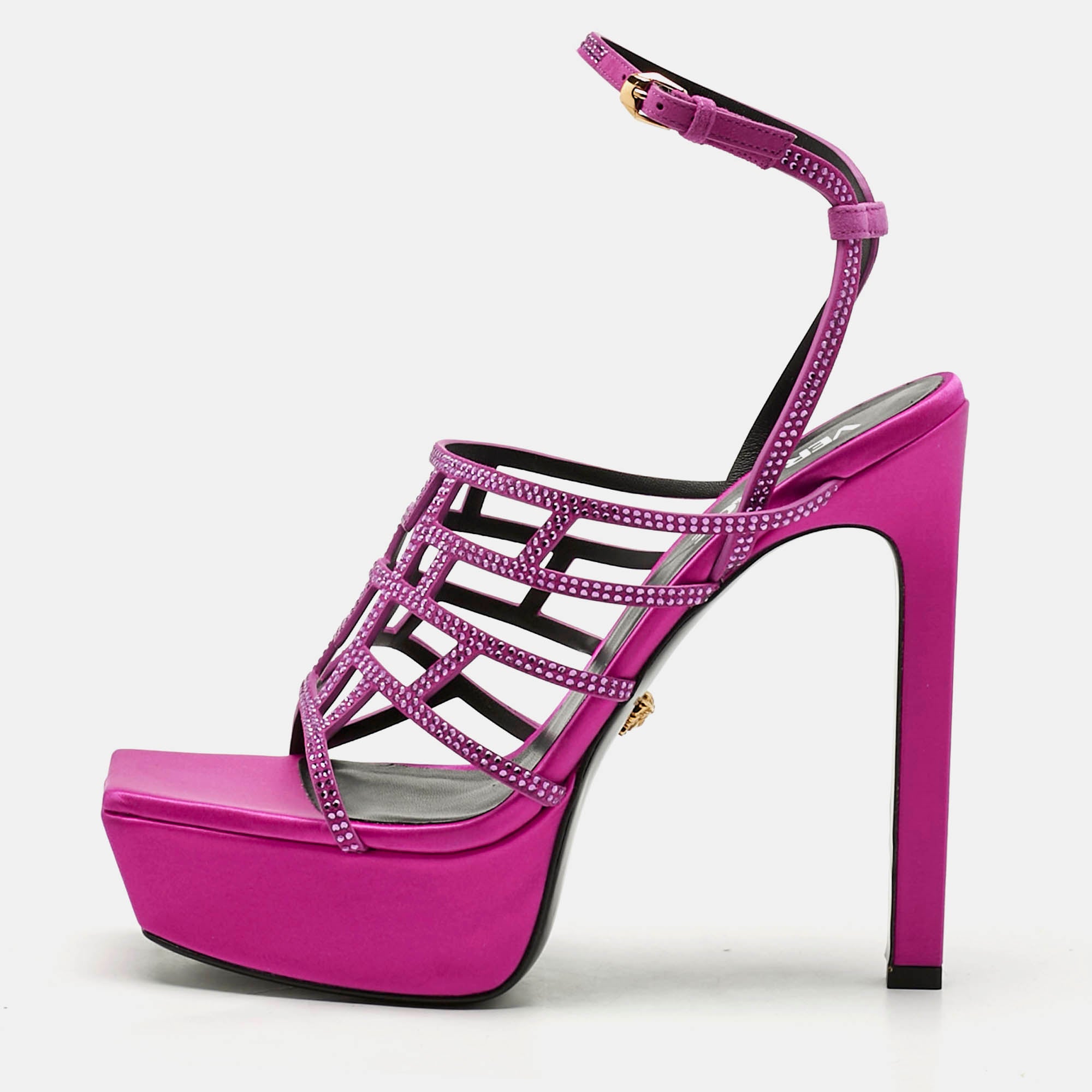 Versace Fuchsia Suede Greca Caged Platform Sandals Size 40