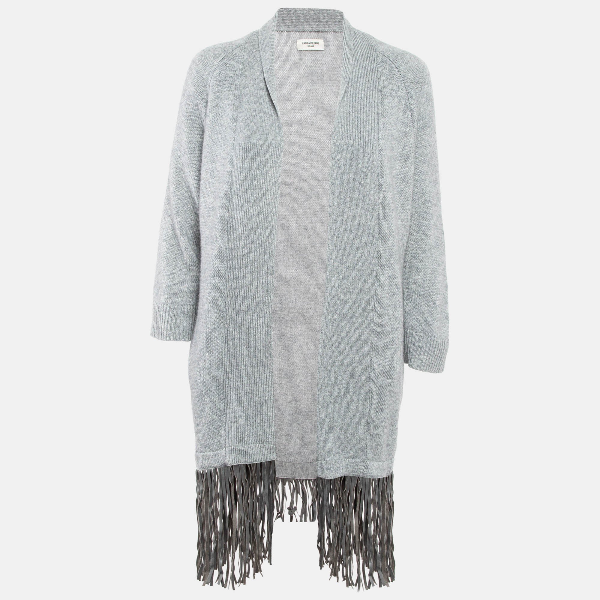 Zadig & Voltaire Delux Grey Cashmere Knit Open Front Fringed Cardigan XS-S