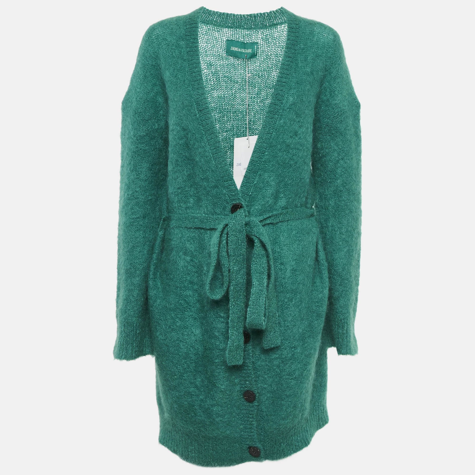 Zadig & Voltaire Green Mohair Wool Belted Romy Long Cardigan M-L