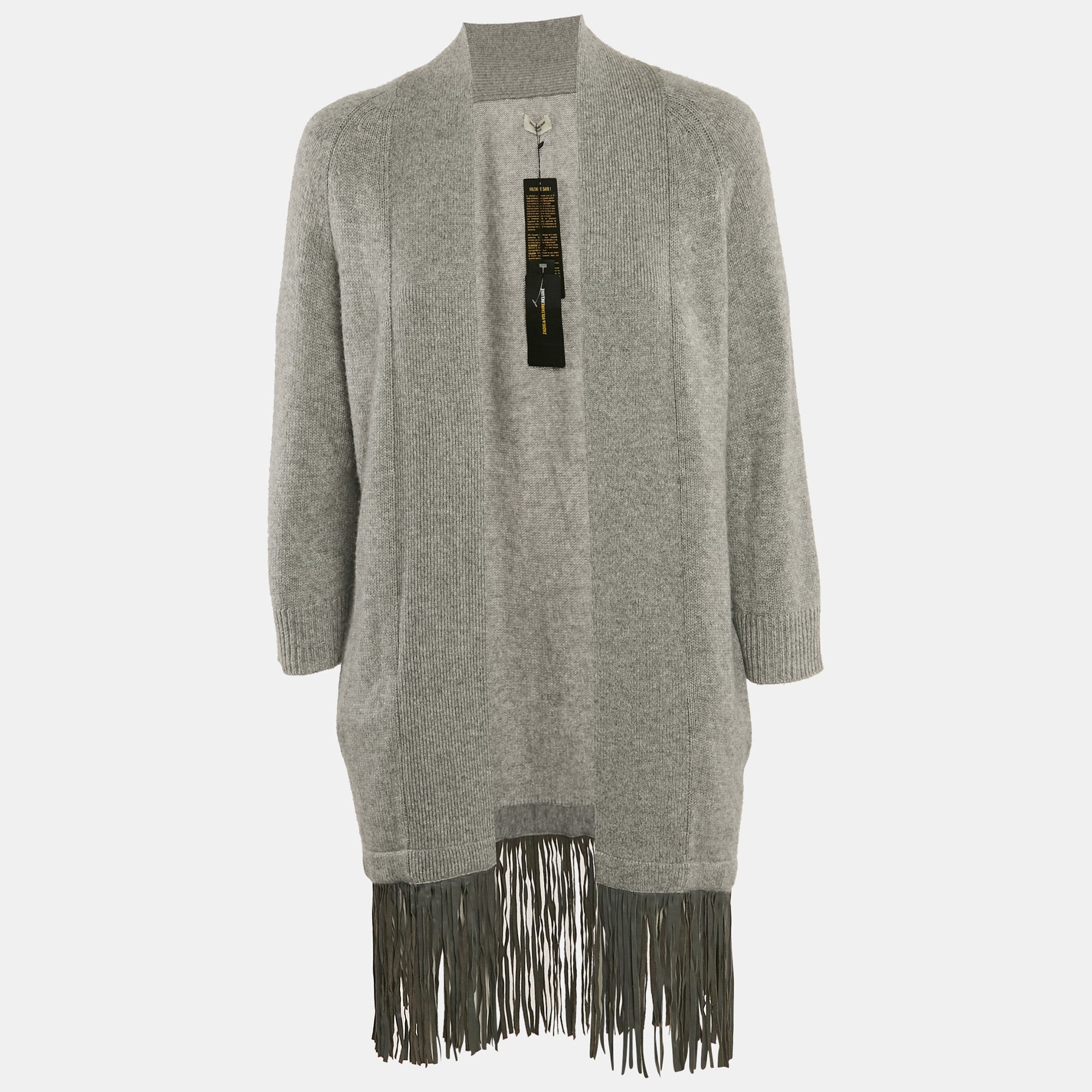 Zadig & Voltaire Deluxe Grey Cashmere Fringed Open Front Paloma Cardigan XS-S