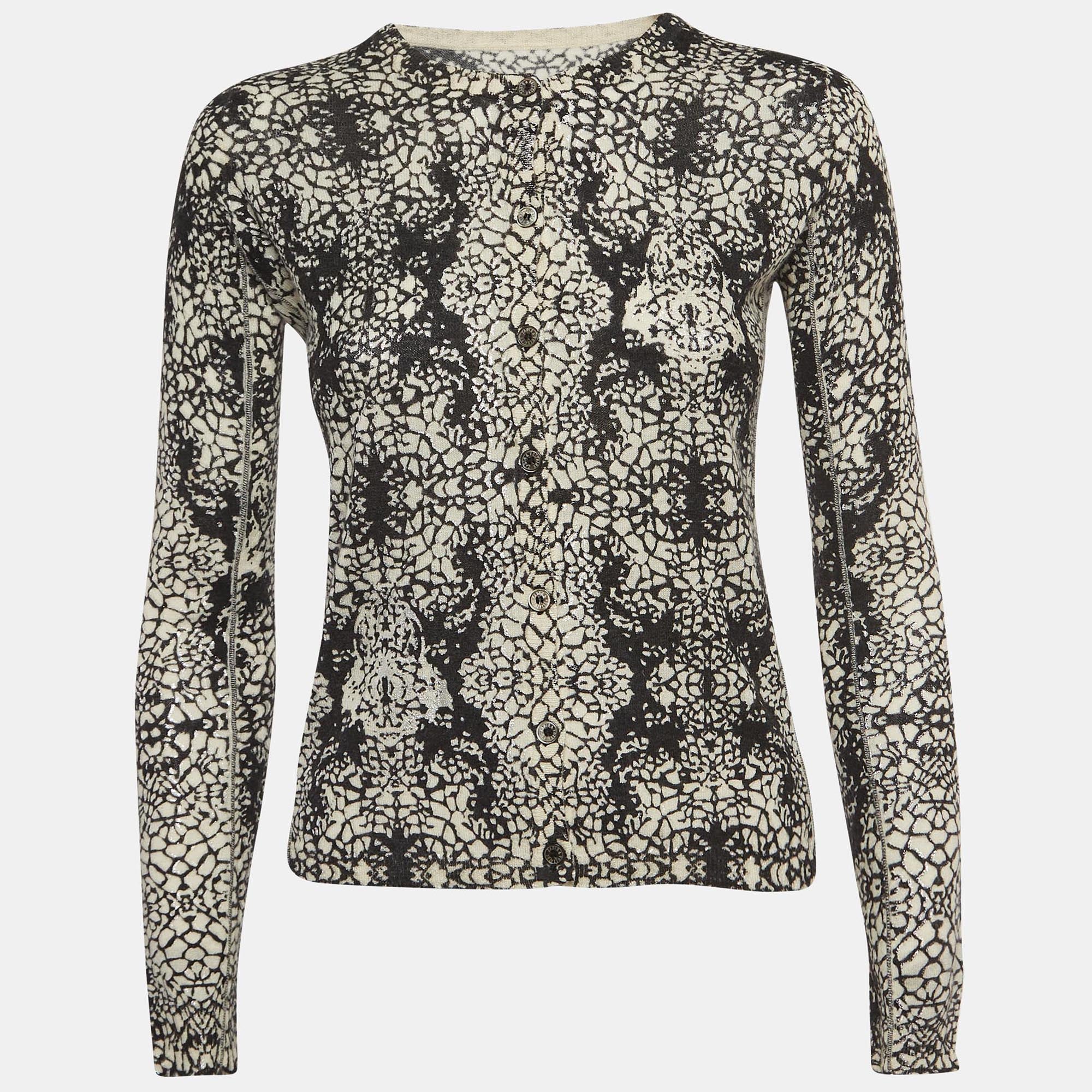 Zadig & Voltaire Black-White Abstract Print Cashmere Buttoned Cardigan S