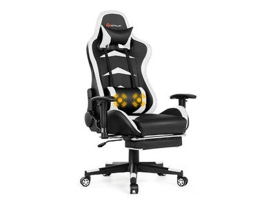 Reclining Swivel Massage Office/Gaming Chair with Footrest - White
