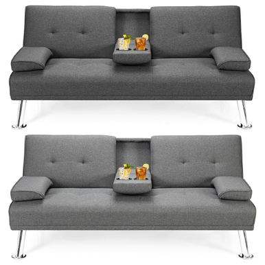 Convertible Folding Futon Sofa Bed with 2 Cup Holders - Light Gray