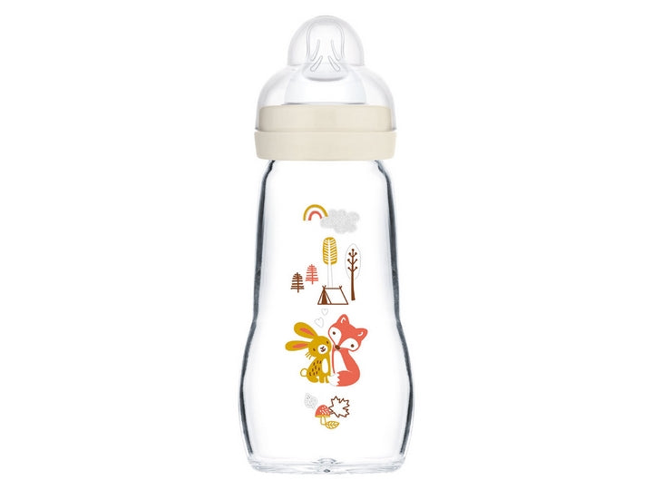 MAM Glass babyflaske 2 måneder + 2 retters "kanin-rev" - beige 260 ml