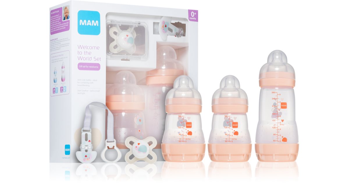 MAM Velkommen til verden Pink babygavesæt 2x160 ml flaske + 260 ml flaske + sut + sutteclips