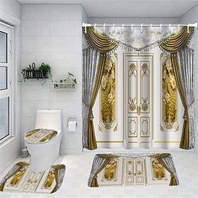 3D Wallpaper Design  Bathroom Deco 4 Pcs Shower Curtain Set Bathroom Sets Modern Home Bathroom Decor with Bath Mat U Shape and Toilet Lid Cover Mat and 12 Hook